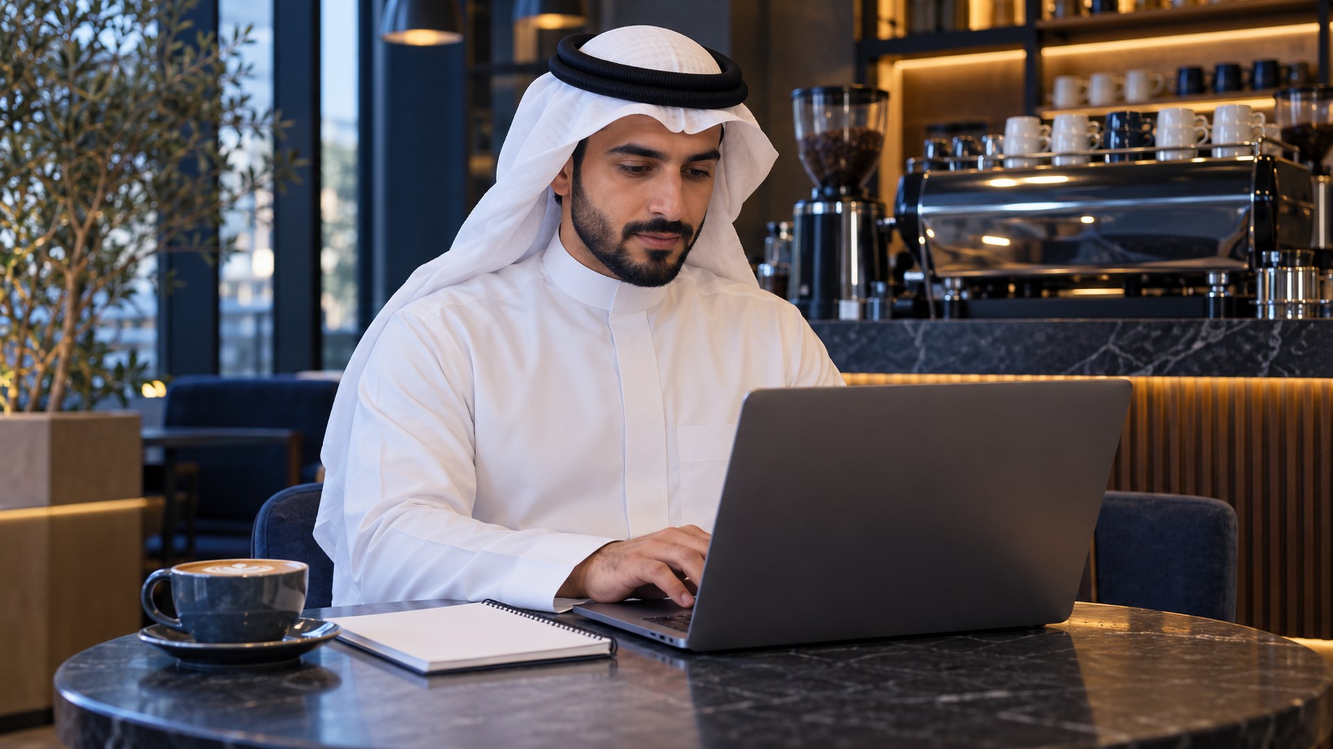 رجل سعودي في مقهى يعيد الكتابة على لابتوبه وبجانبه مفكرة