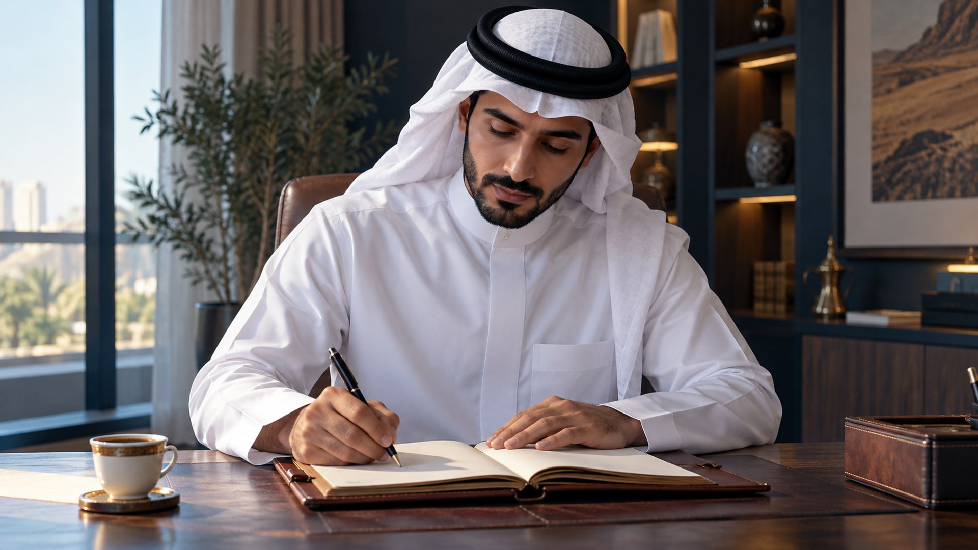 رجل سعودي يكتب أهدافه المهنية في مفكرة جلدية وبجانبه قهوة عربية