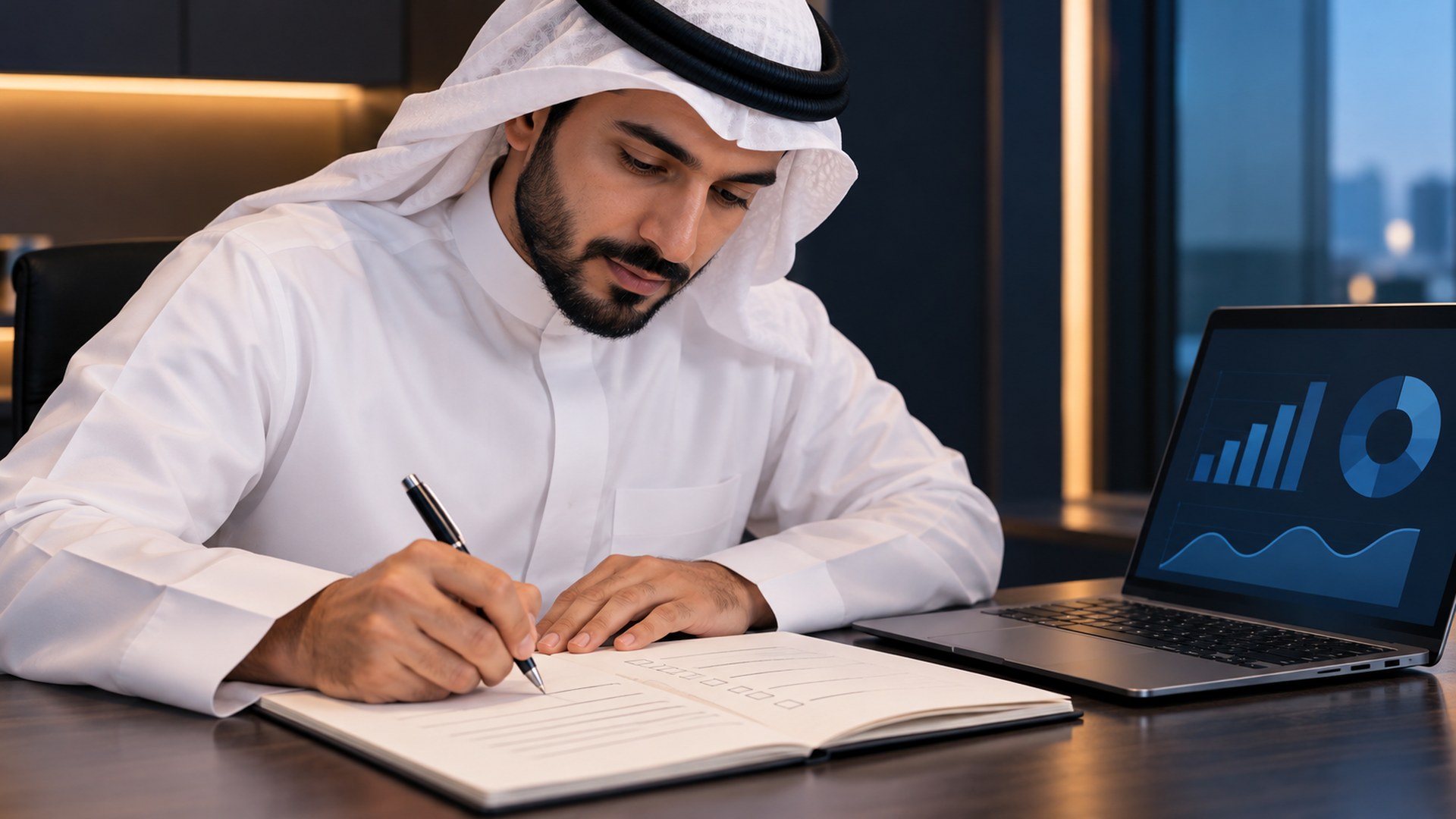 رجل سعودي يكتب هدفاً واضحاً في دفتر بجانب لابتوب يعرض رسوماً بيانية
