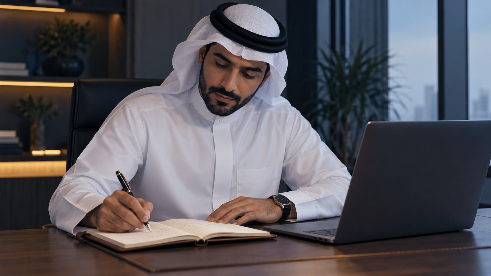 رجل سعودي يكتب أهداف مشروعه وجمهوره في دفتر جلدي بجانب اللابتوب