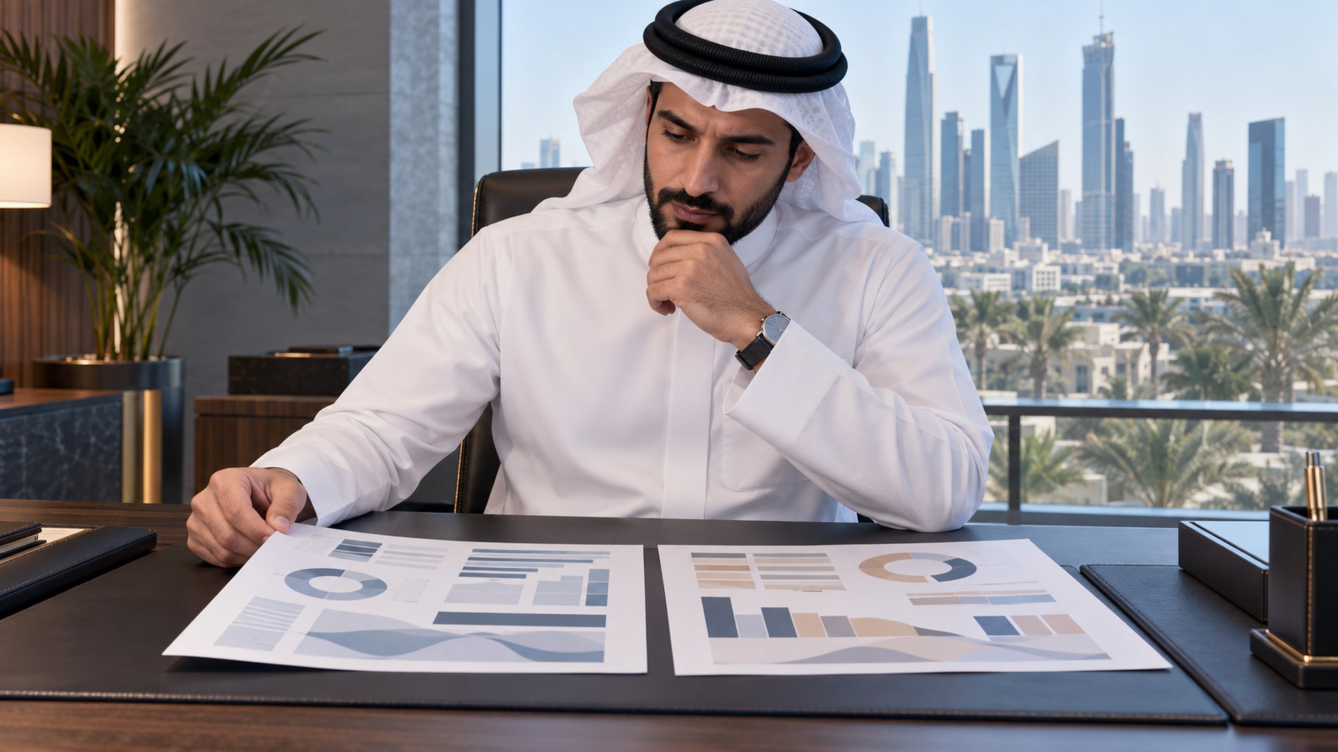 مدير سعودي يقارن ورقتين لقيمة الخدمة جنباً إلى جنب في مكتب مضيء
