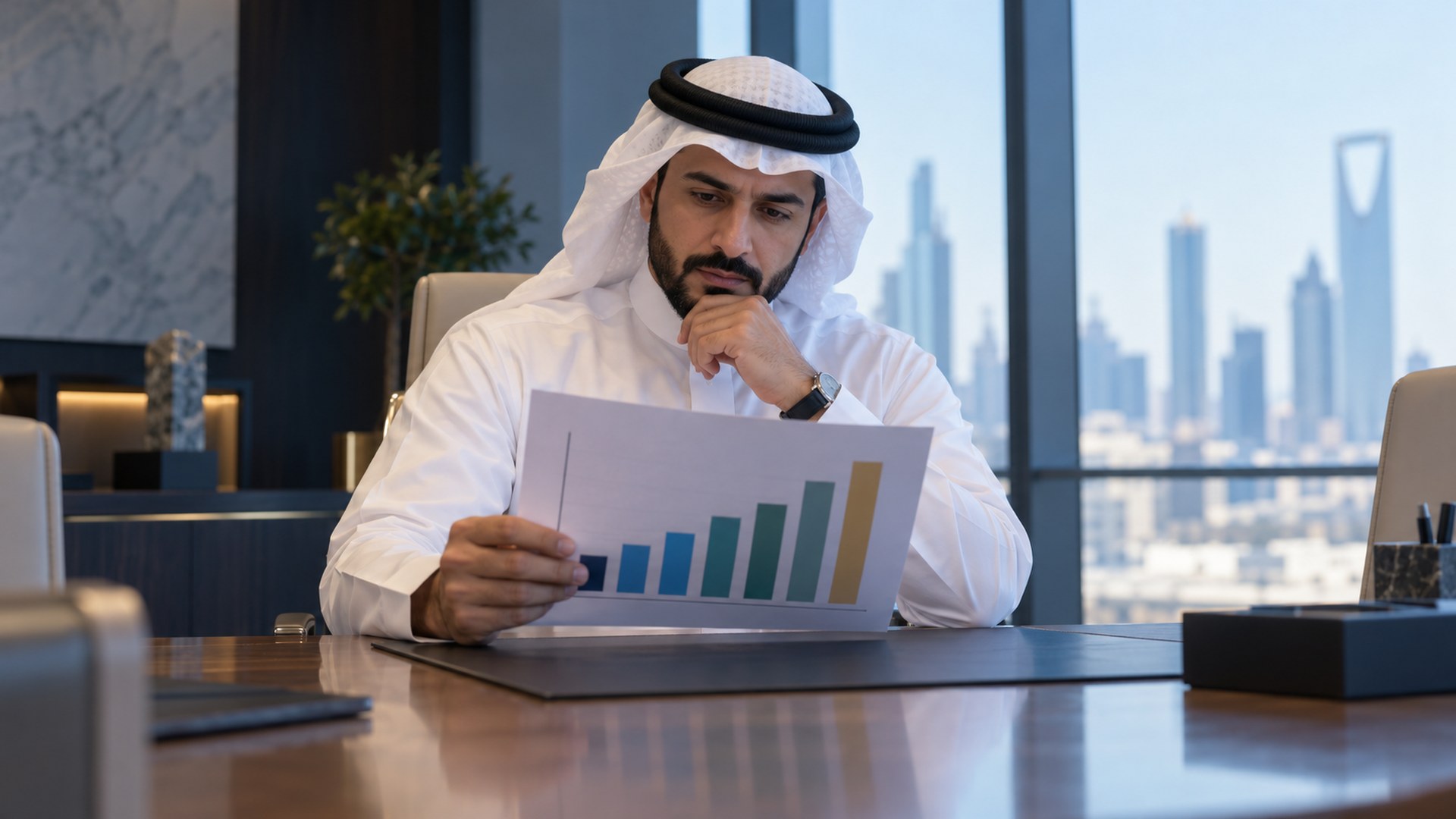 مدير سعودي في غرفة اجتماعات يدرس رسماً مطبوعاً بأعمدة ملونة
