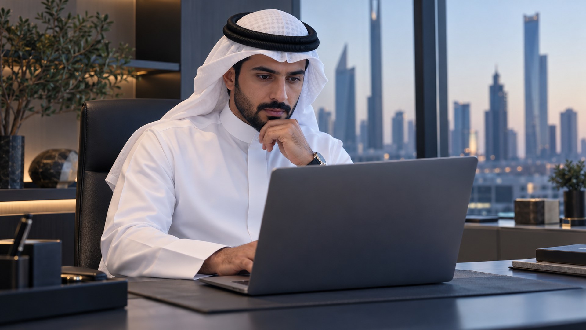مدير سعودي في مكتب حديث يراجع سير العمل على اللابتوب