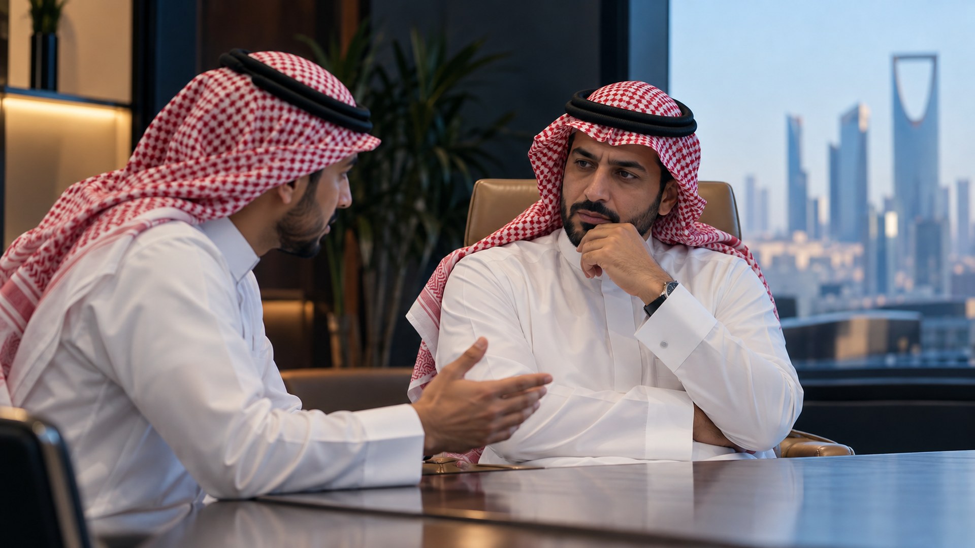 مدير سعودي يراجع توصية مع أحد أعضاء فريقه قبل اعتمادها