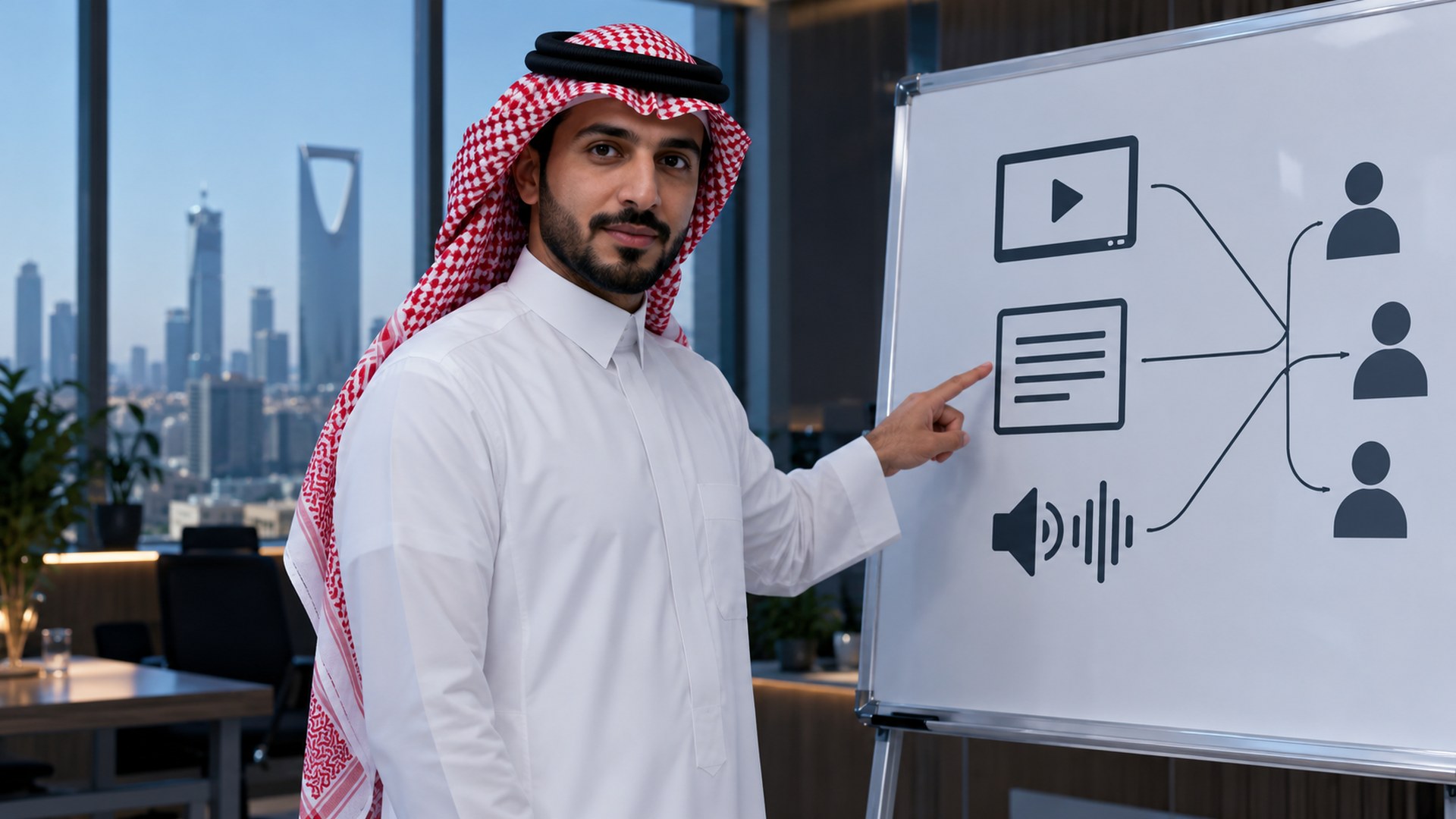مسوّق سعودي يشير إلى لوحة خطة تربط أنواع المحتوى بالجمهور
