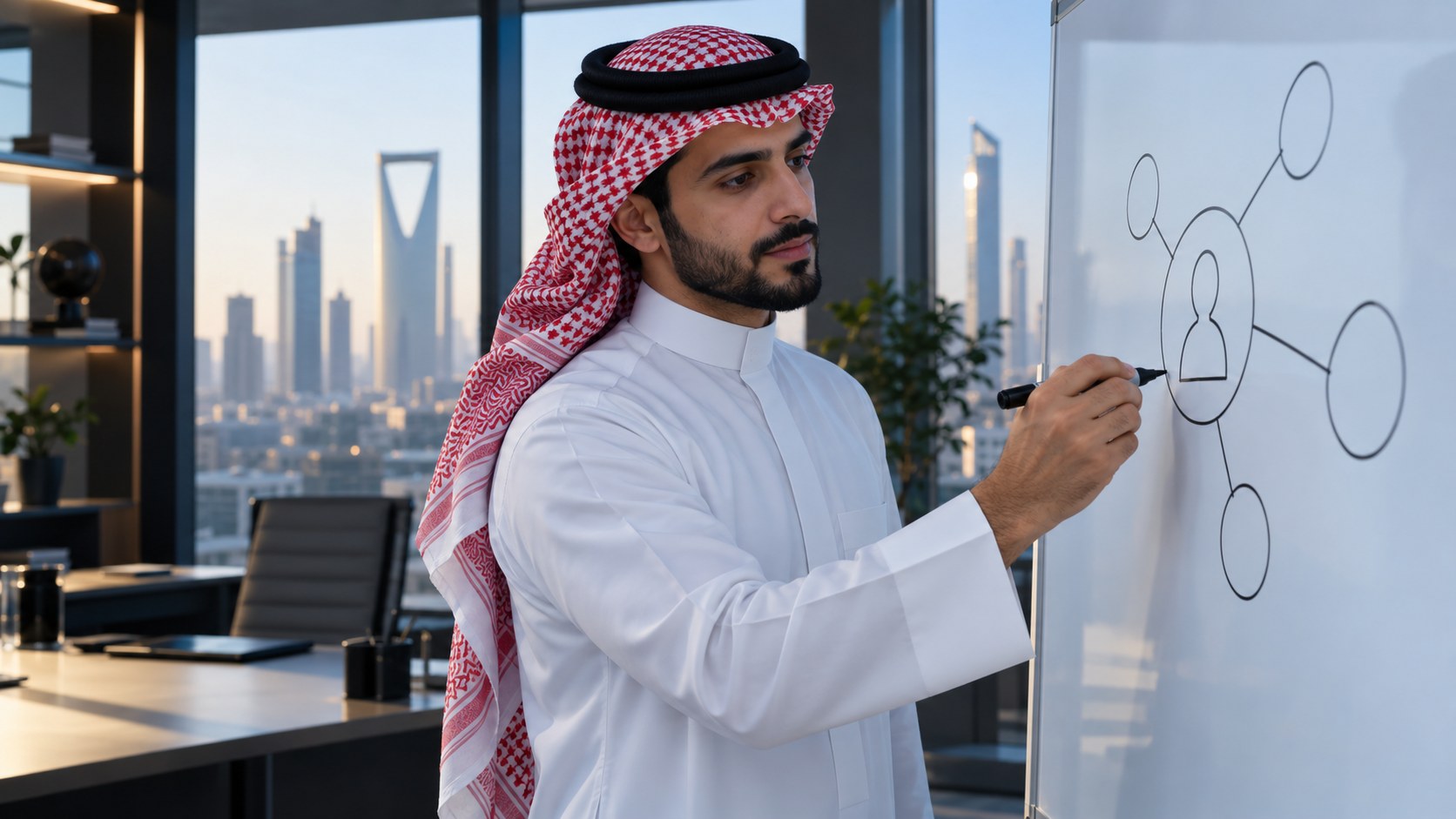 مسوّق سعودي بالثوب يرسم ملف عميل بسيطاً على سبورة