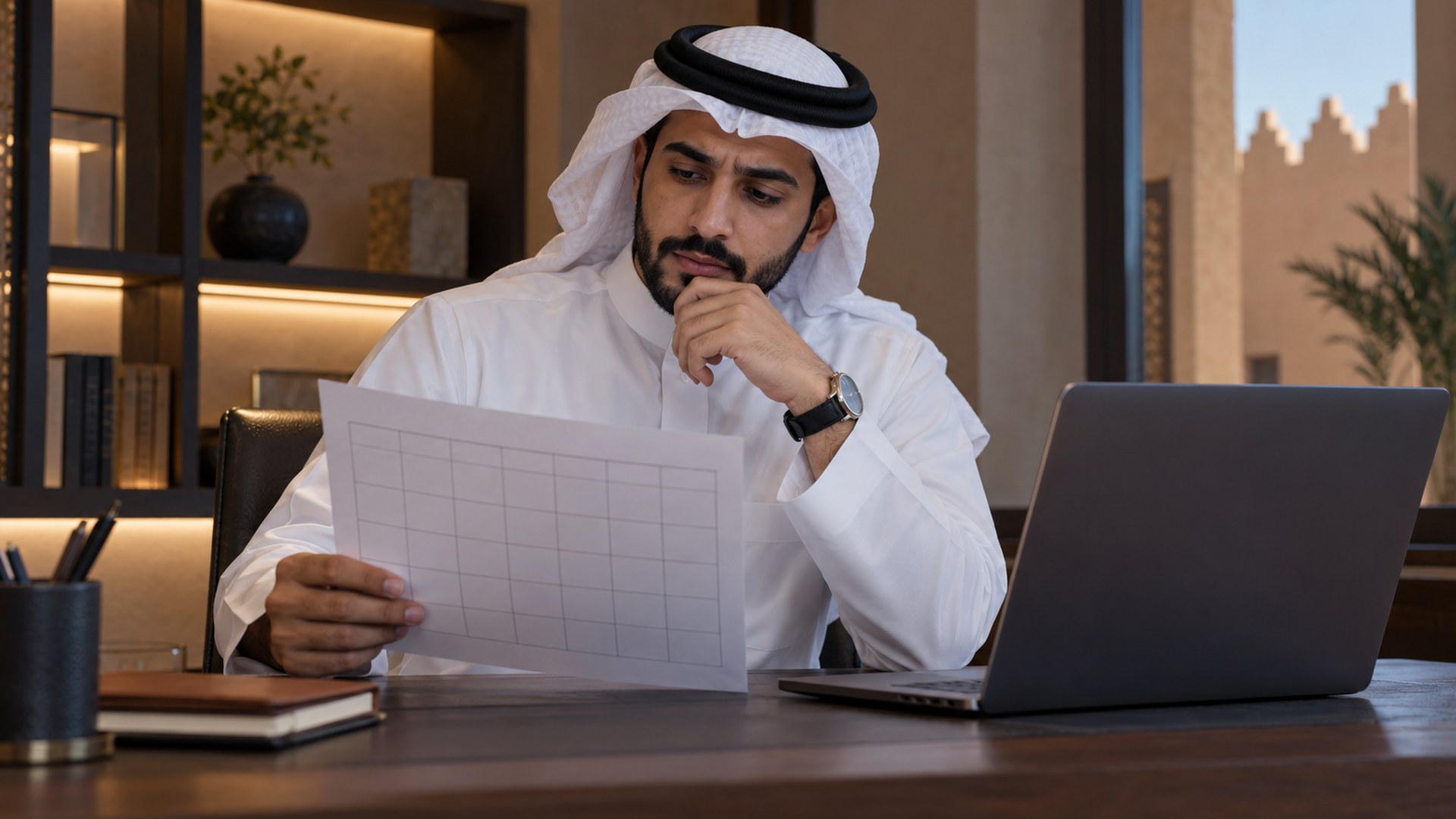 منسق تسويق سعودي يراجع تقويم المشروع بجانب اللابتوب في مكتب صغير