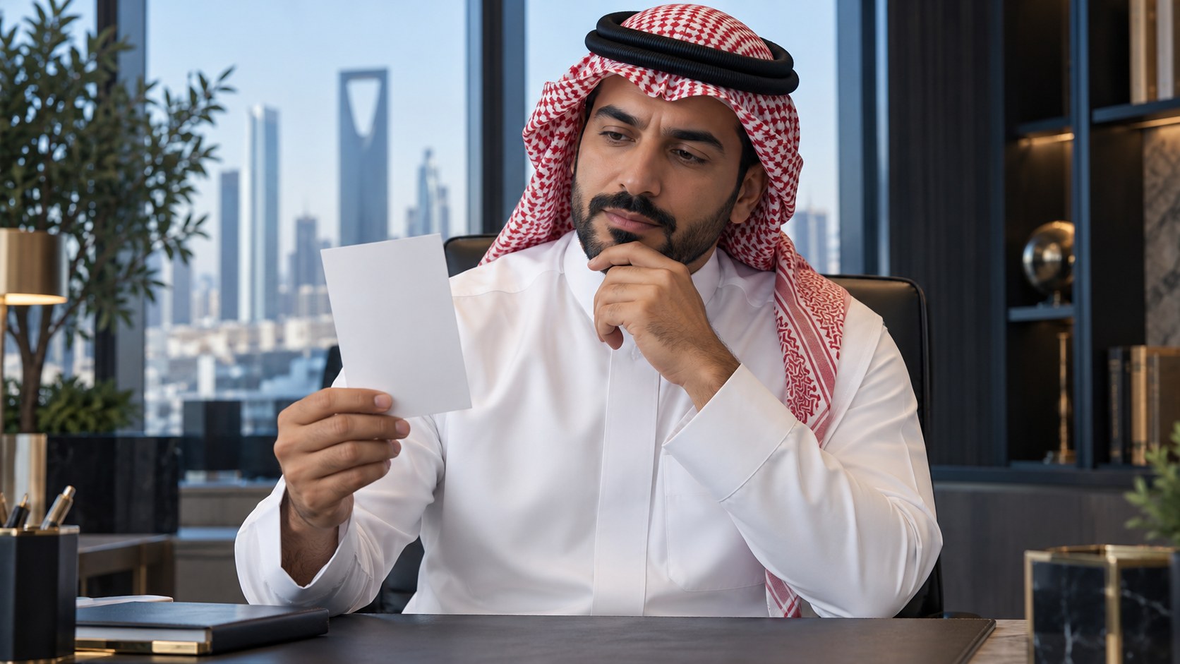 مدير تسويق سعودي يتأمل بطاقة جمهور واحدة على مكتبه