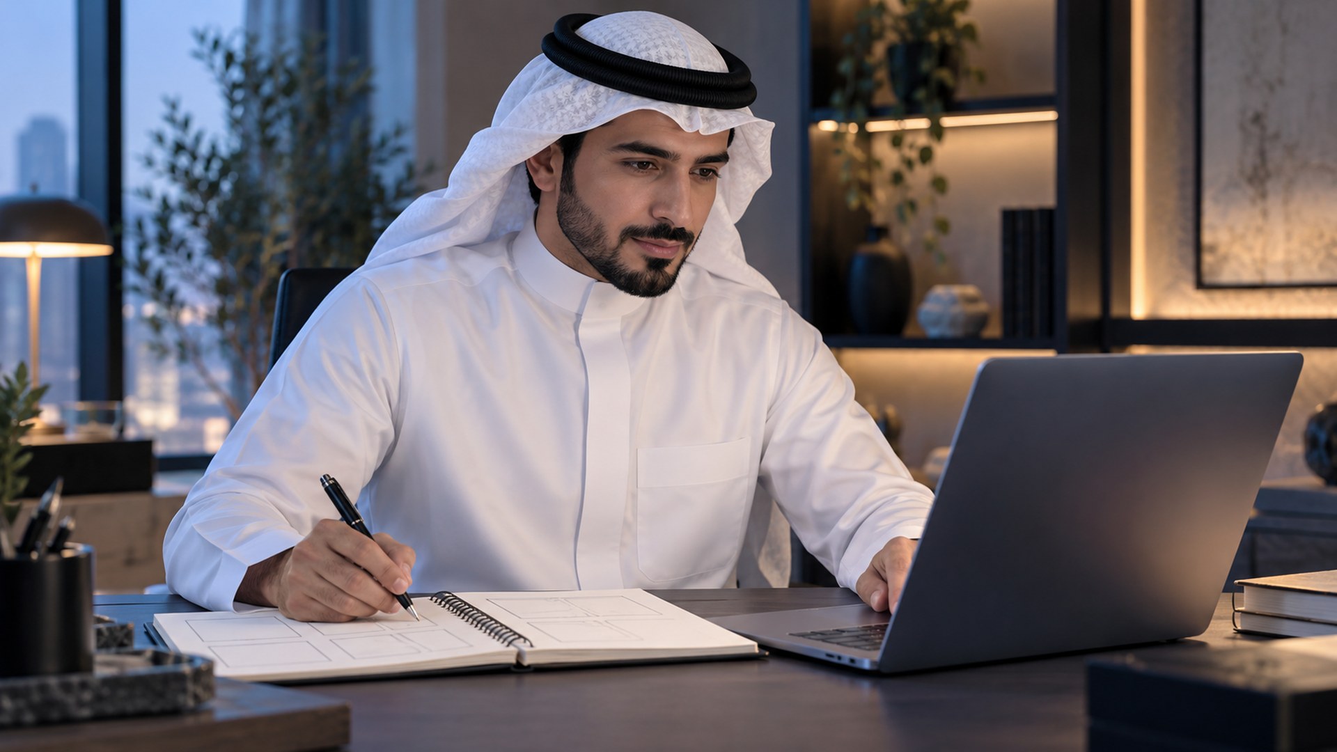 مختص تسويق سعودي يراجع اللابتوب بجانب دفتر تخطيط محتوى مرتب