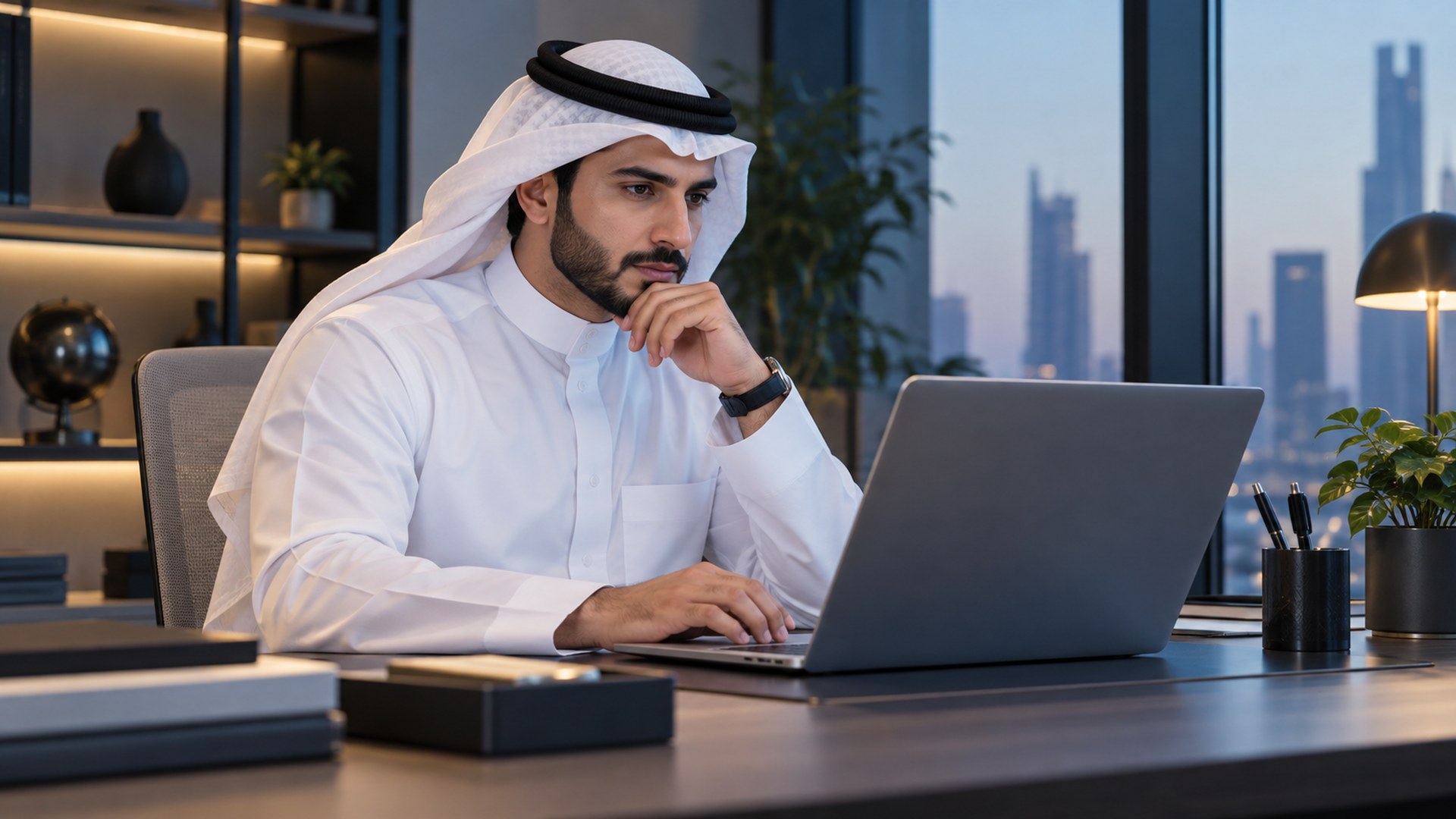 مختص تسويق سعودي يراجع موقعاً إلكترونياً على اللابتوب في مكتب بسيط