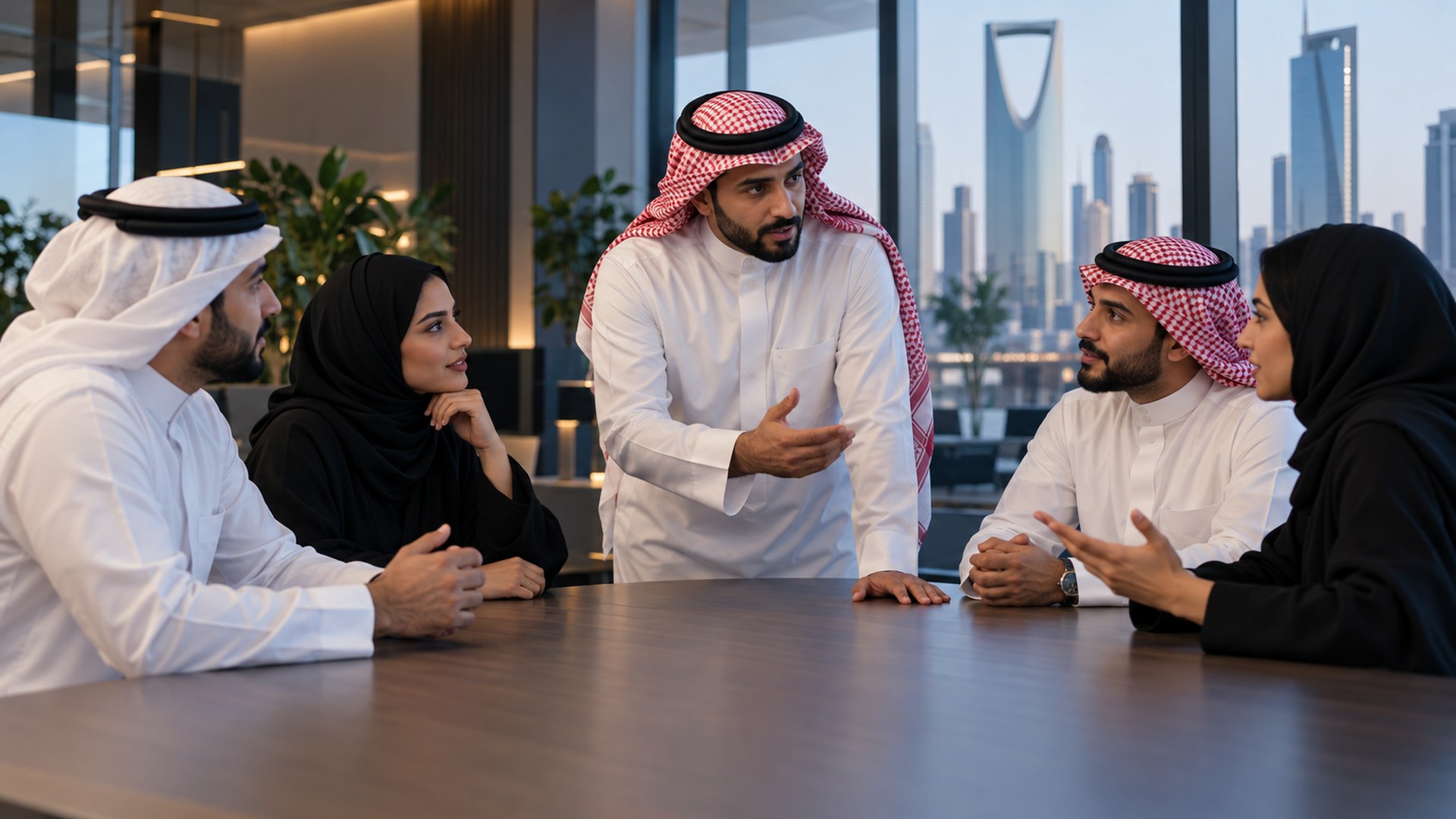 فريق تسويق سعودي يخطط لحملة اليوم الوطني حول طاولة اجتماعات