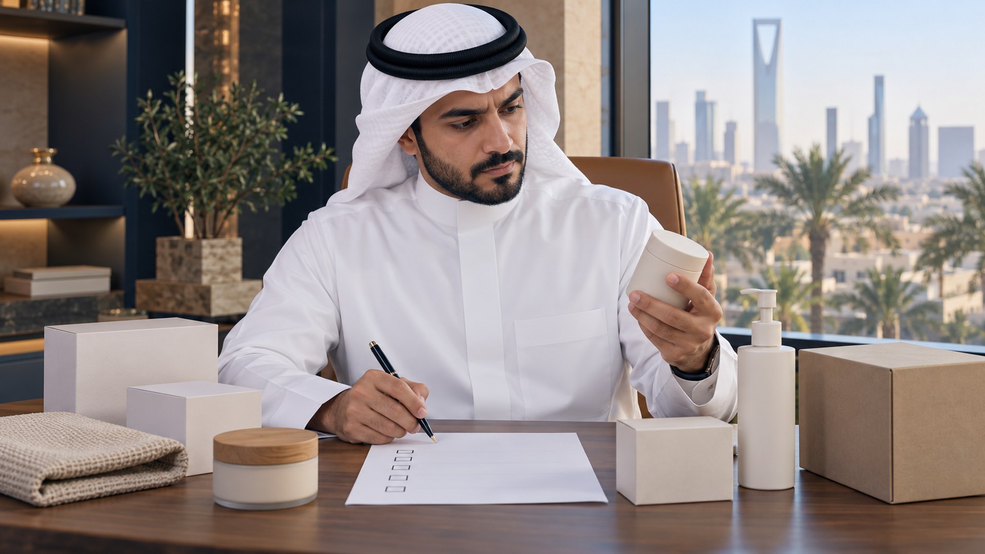 تاجر سعودي يفحص دفعة تجريبية صغيرة من المنتجات بقائمة تدقيق قبل طلب كمية كبيرة