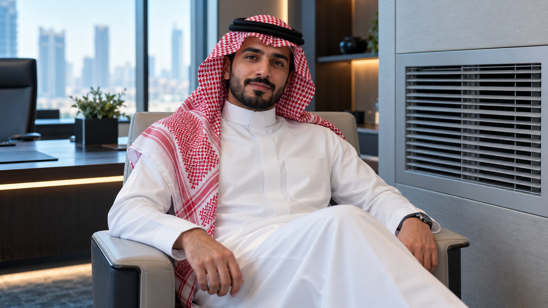 موظف سعودي جالس بارتياح بجانب فتحة تهوية نظيفة في مكتب حديث