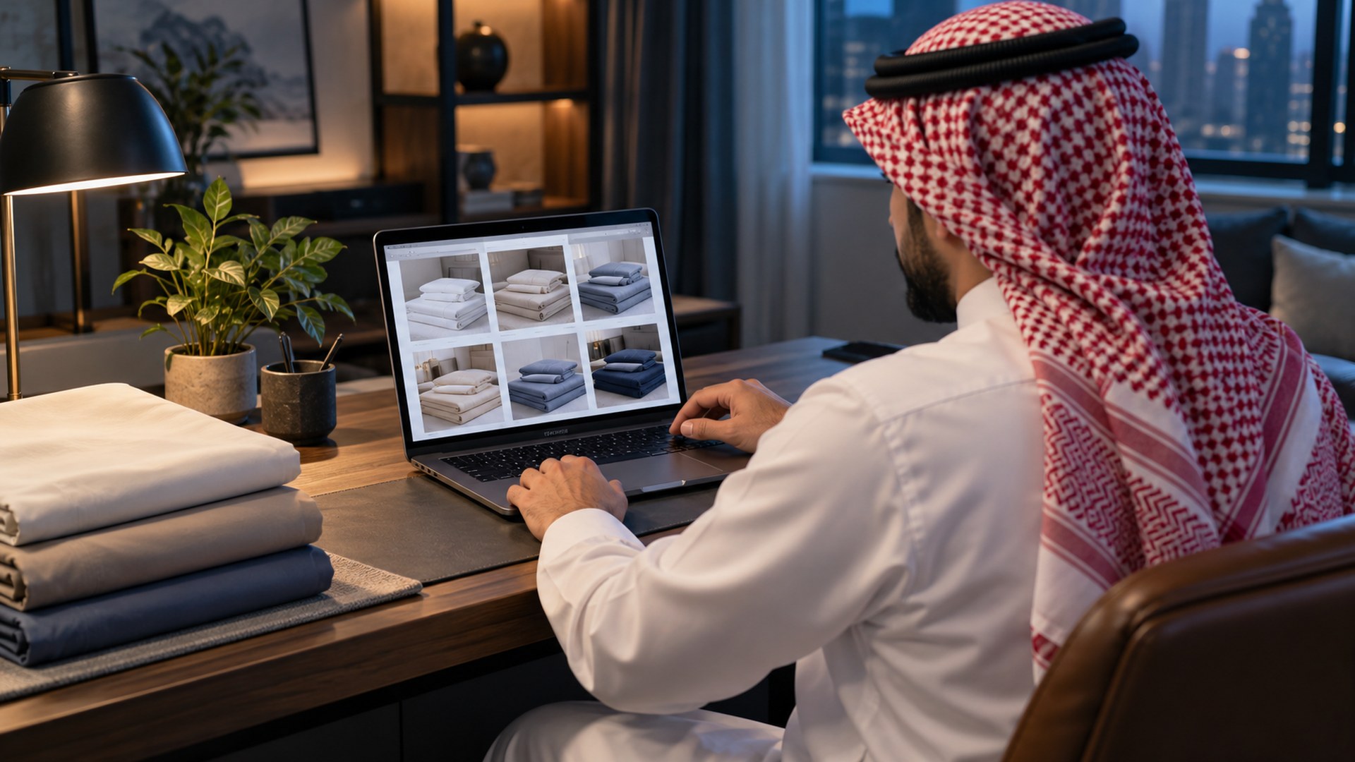 صاحب متجر إلكتروني سعودي يرتّب صور مفارش السرير على لابتوبه