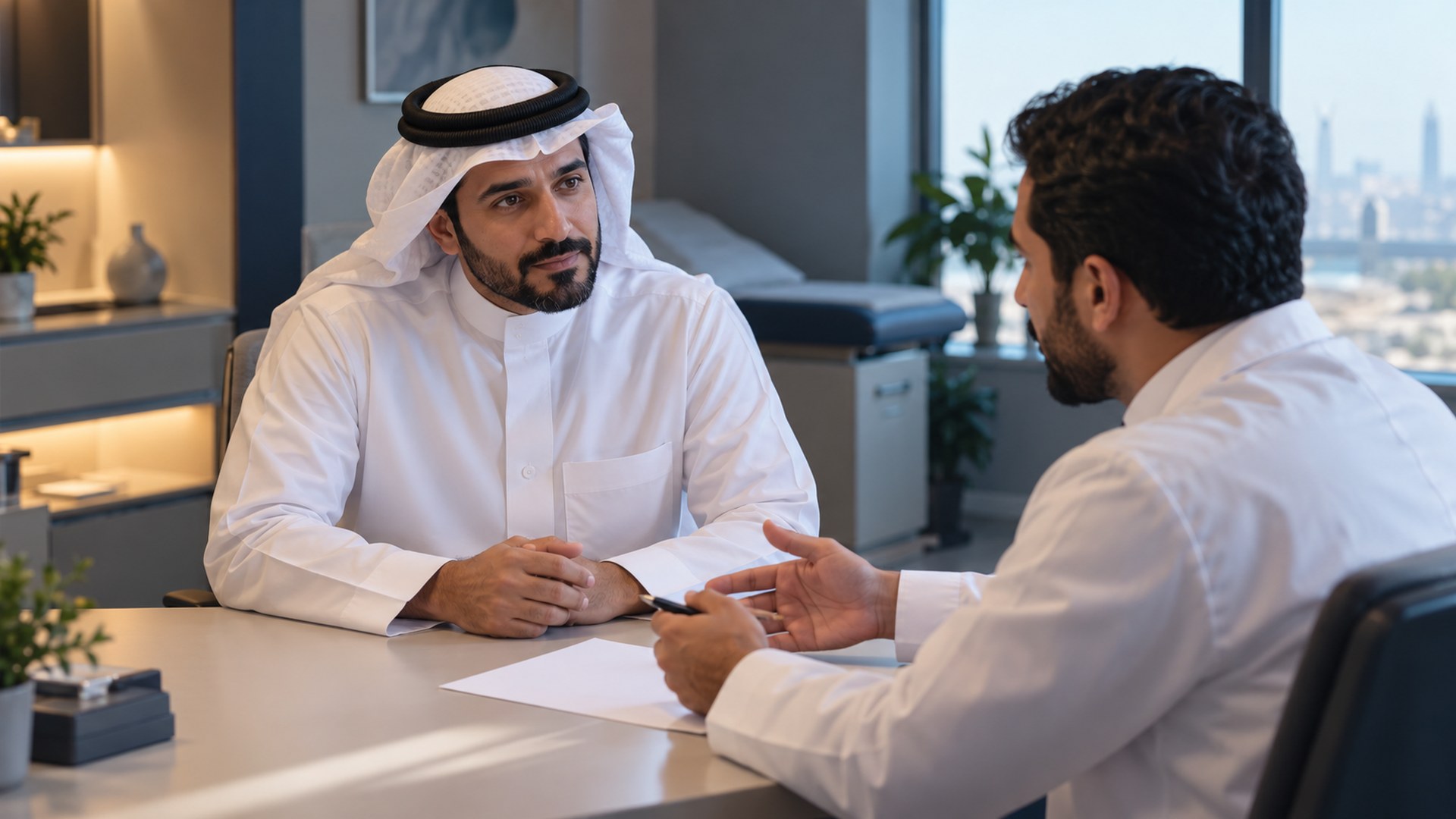 ولي أمر سعودي يناقش خطة رعاية طفله مع الطبيب