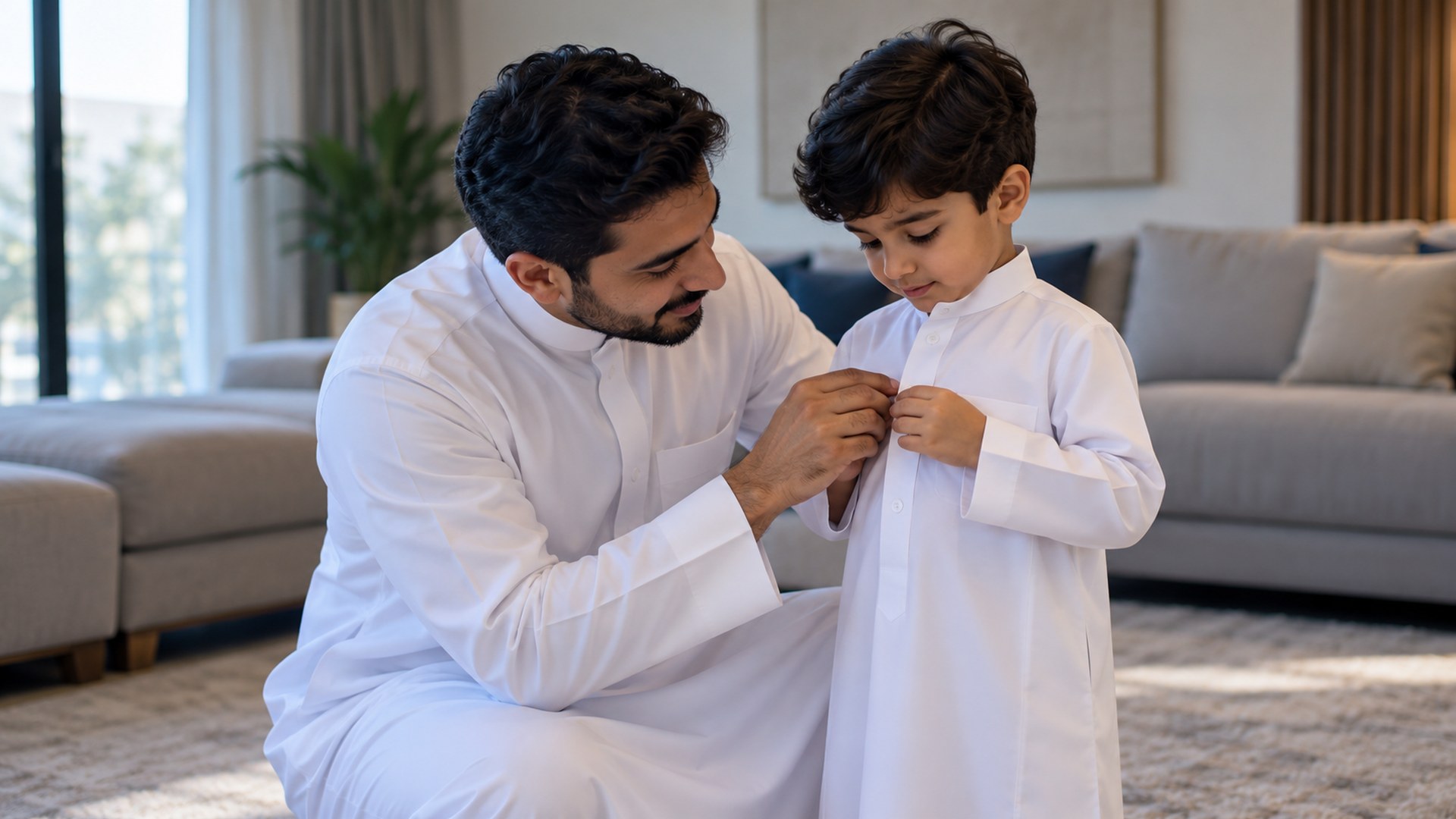 ولي أمر سعودي وطفله الصغير يتدربان على اللبس معاً في البيت