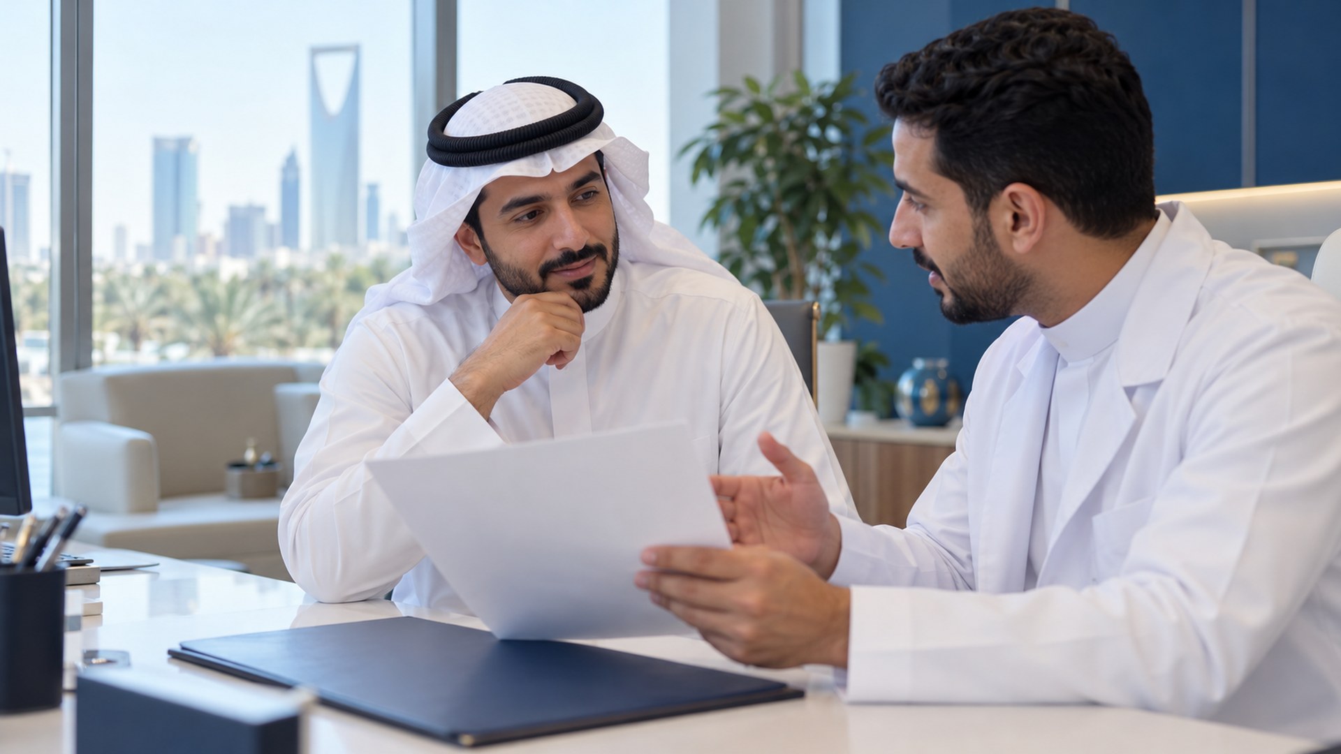 مريض سعودي يناقش مع الطبيب قائمة فحوصات مخصصة له في غرفة الكشف