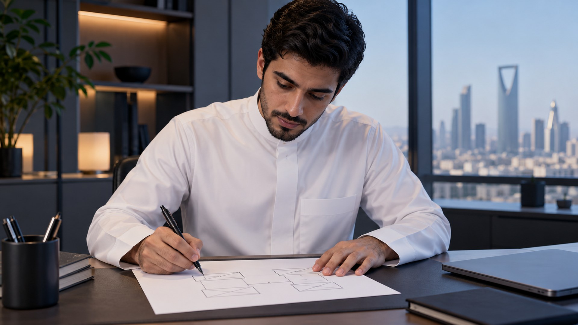 مصمم منتجات سعودي يرسم نموذجاً أولياً بسيطاً على الورق