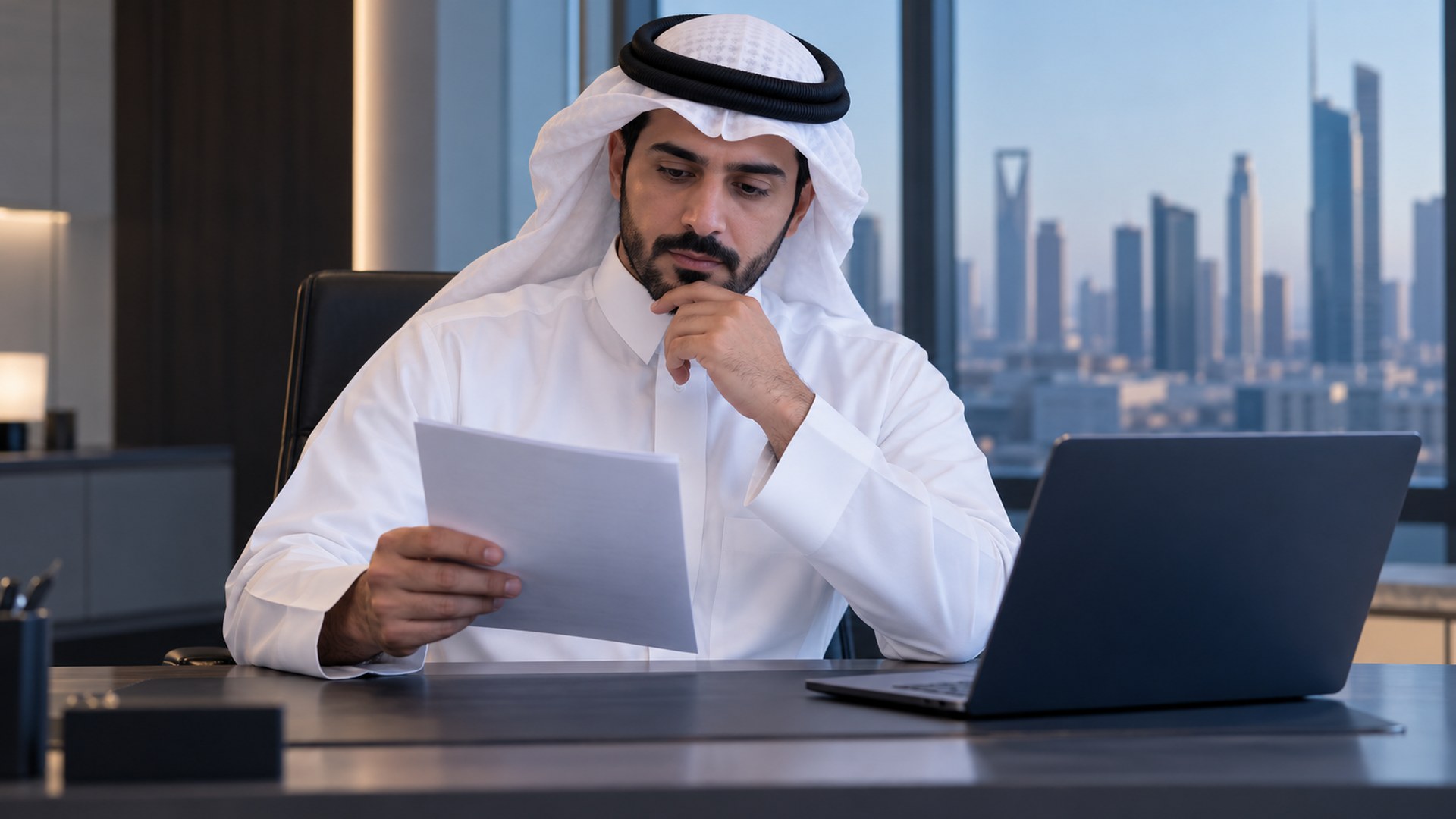 موظف سعودي يقارن قائمة قصيرة باحتياجات عمله بجانب اللابتوب
