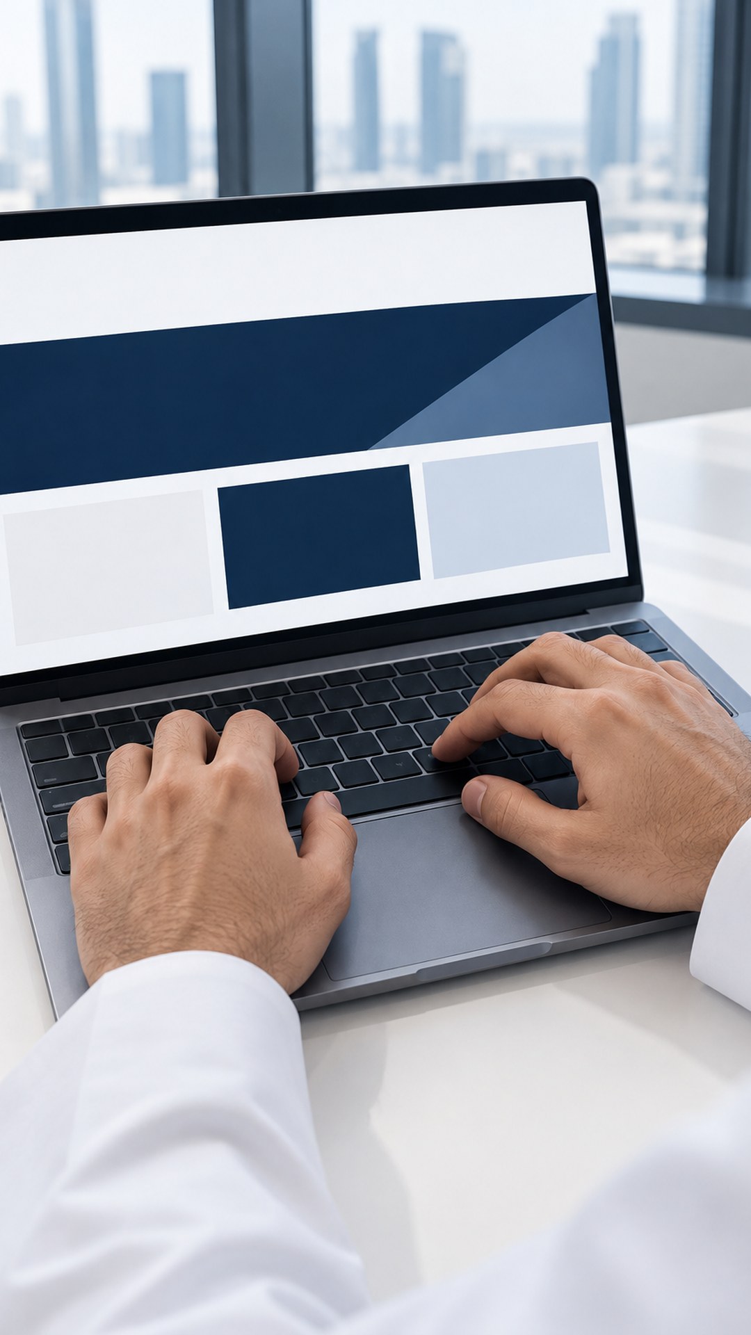 يدا موظف سعودي تكتبان على لابتوب أنيق يعرض تصميم موقع نظيف