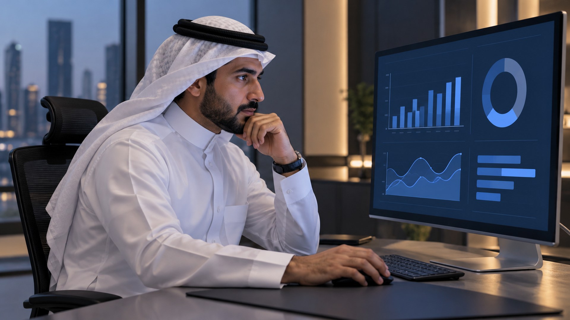 موظف سعودي يراجع رسوم تحليلات الجودة على شاشة في مكتب هادئ