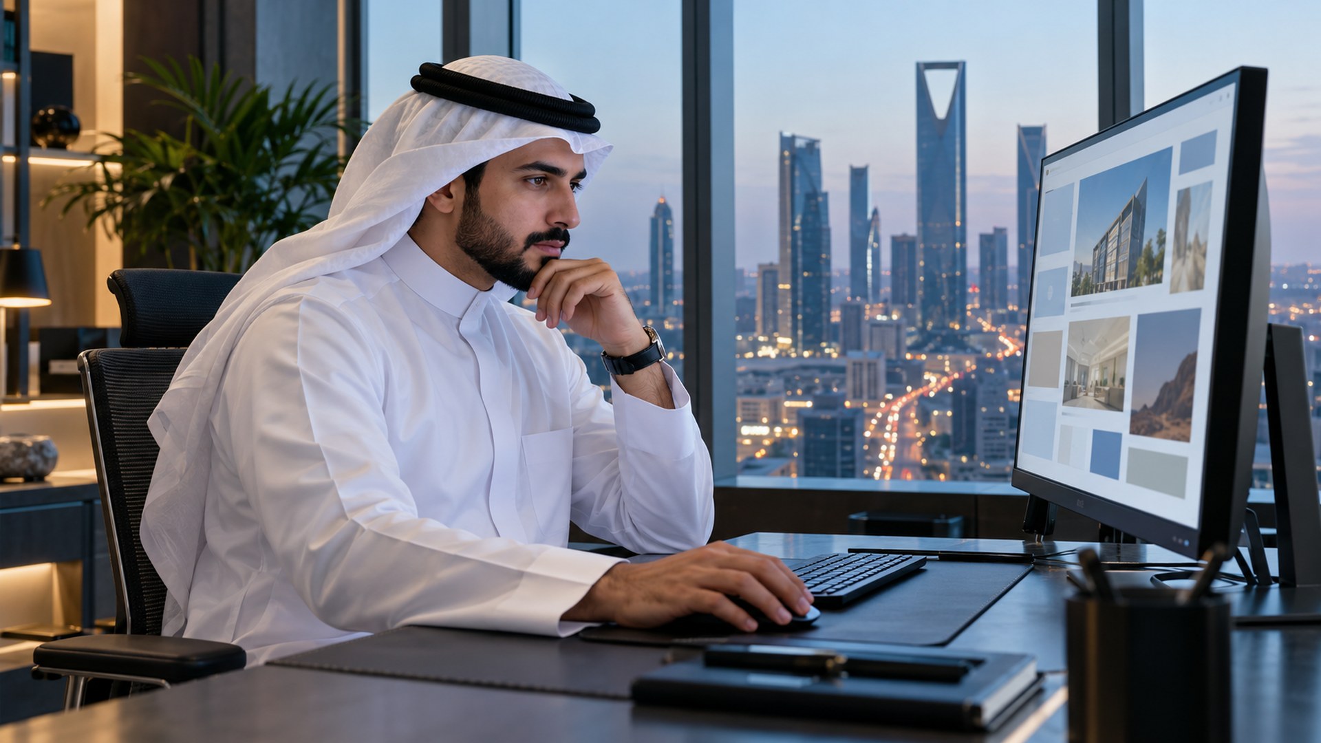 موظف سعودي يراجع آراء العملاء ودراسات حالة من عدة مواقع على الشاشة