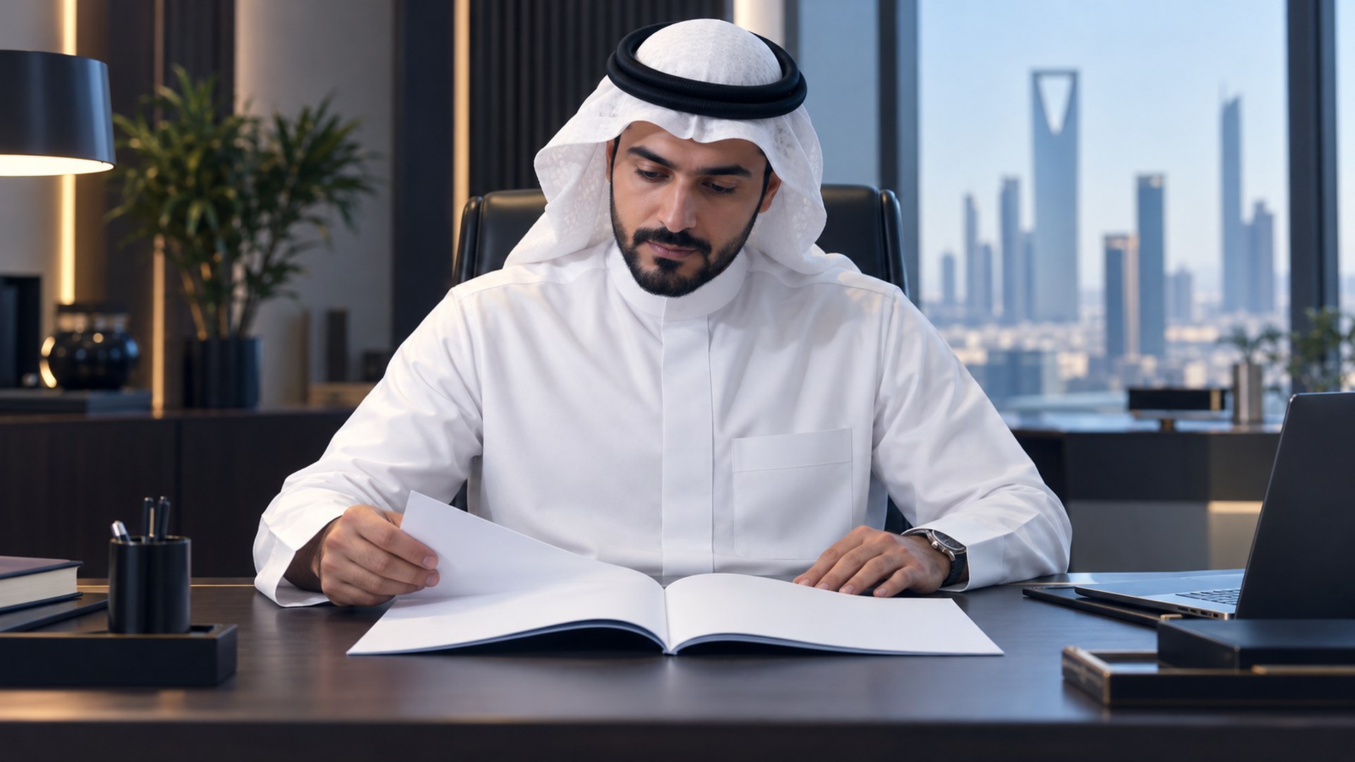 موظف سعودي يراجع دليل اعتماد مهني رسمي على مكتبه