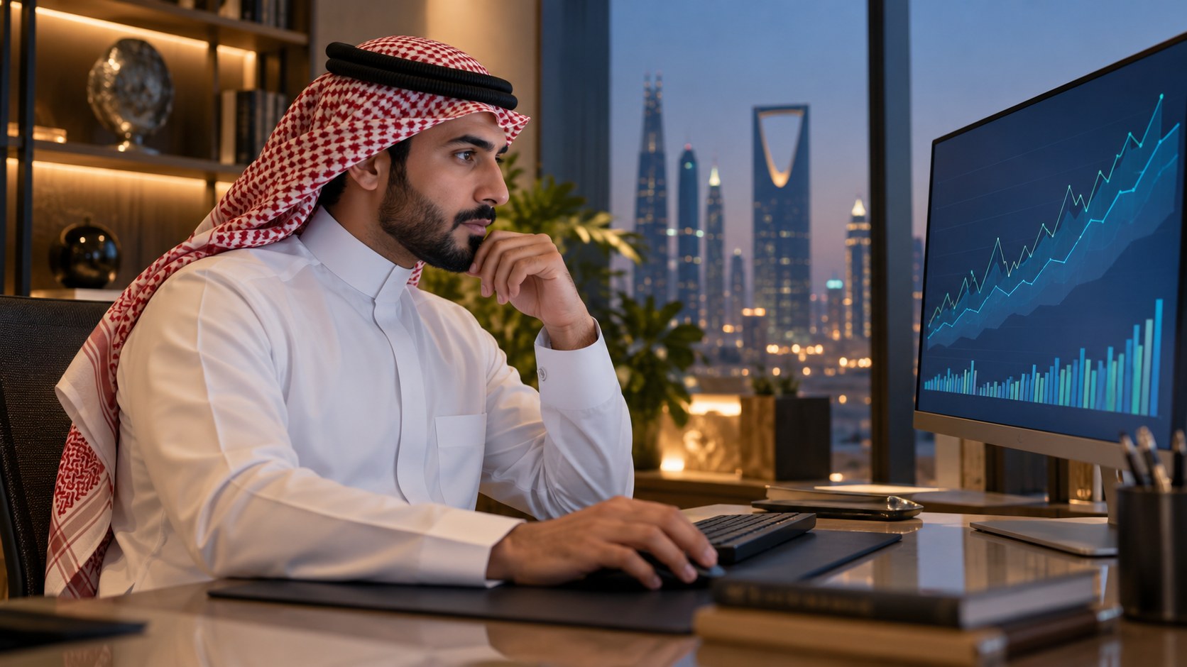 موظف سعودي في مكتب بالرياض يتفحص رسوم تحليلات موقع على الشاشة