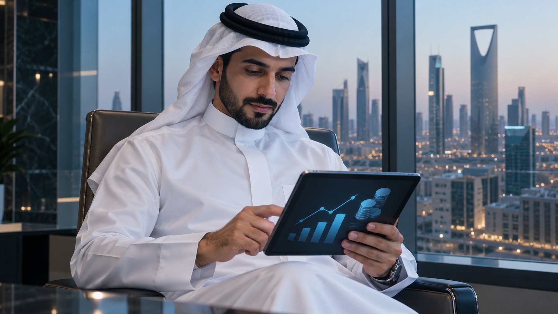 موظف سعودي بالثوب يتصفح أيقونات مالية على جهاز لوحي في مكتب بالرياض