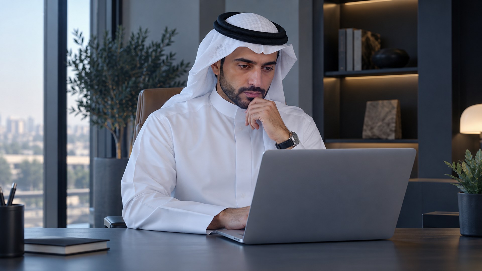 موظف سعودي يقرأ مقالاً على اللابتوب بتأمل في مكتب هادئ