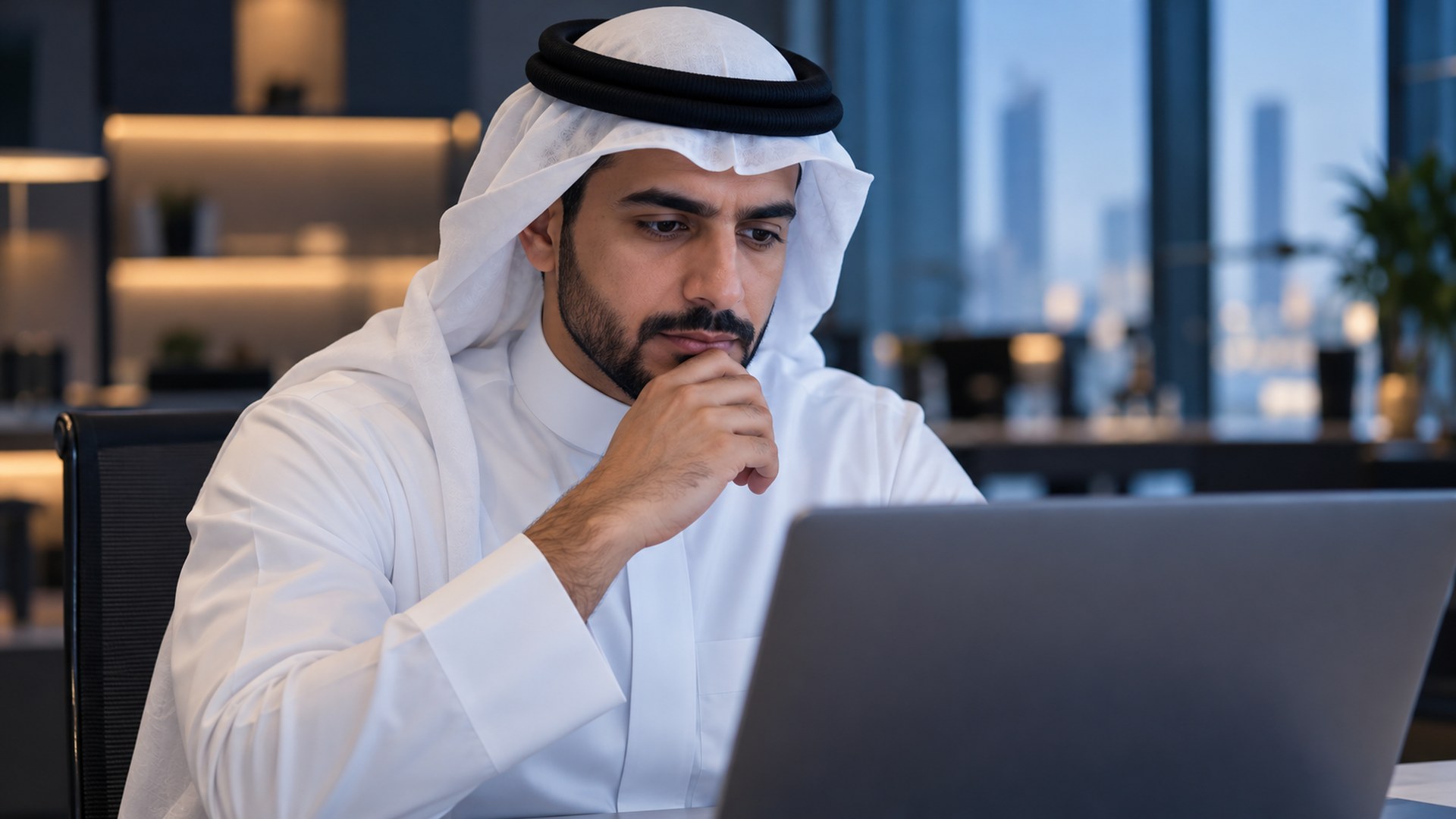 موظف سعودي يراجع شاشة اللابتوب بتأمل