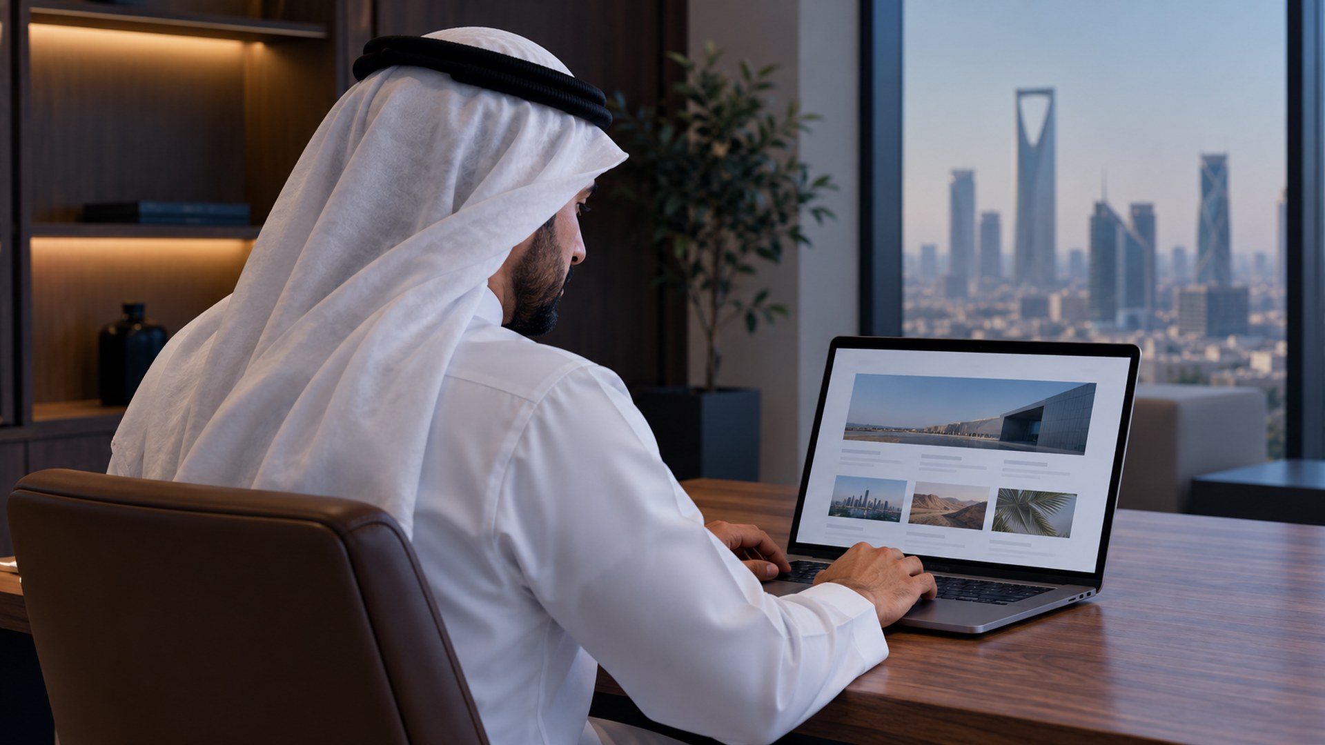 موظف سعودي بثوب أبيض يراجع تصميم صفحة موقع بعناوين وصور واضحة