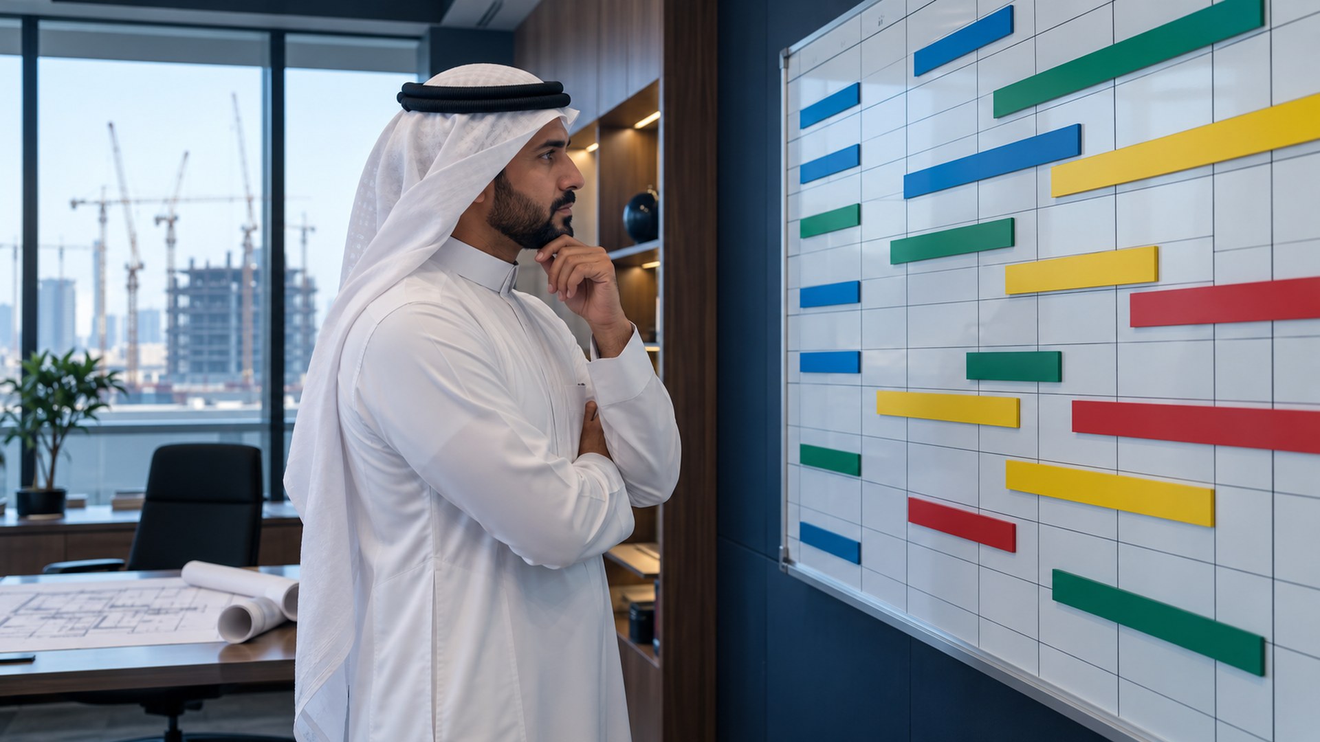 مدير مشروع سعودي يراجع لوح تقدم الإنشاءات بعلامات ملونة في مكتب الموقع
