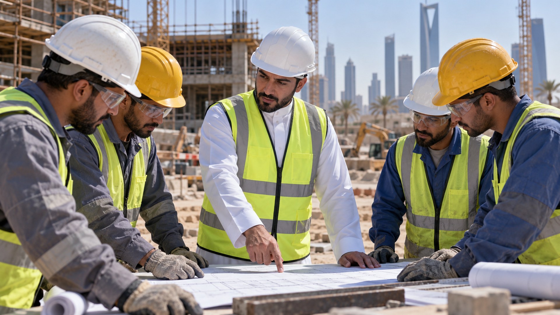 مدير مشروع سعودي بخوذة وسترة عاكسة ينسق مع المهندسين والعمال حول المخططات