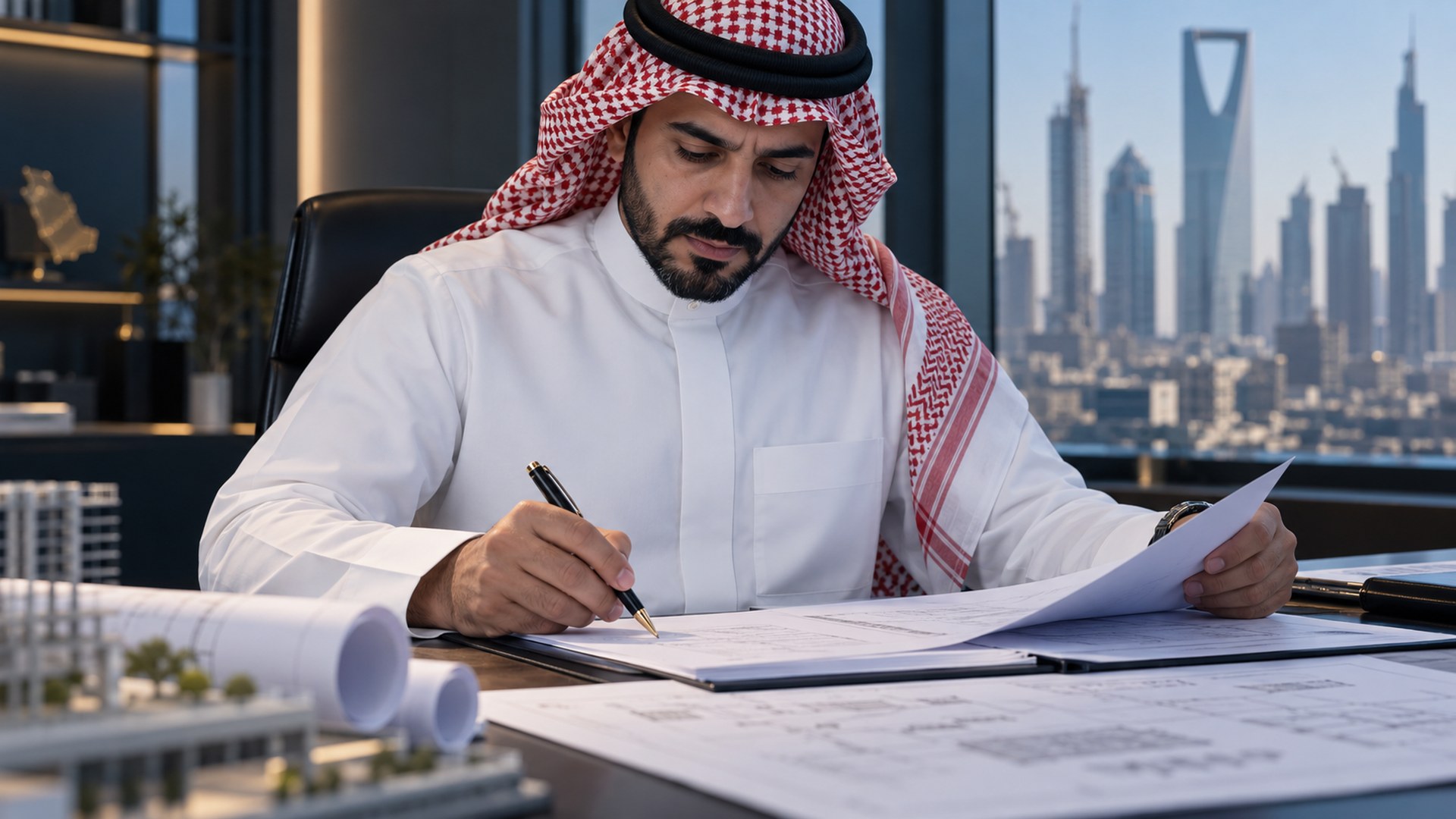 صاحب مشروع سعودي يراجع عقد إنشاء مرتباً والقلم في يده