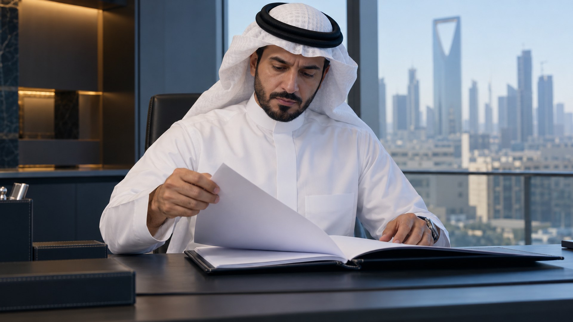 صاحب مشروع سعودي يراجع ملف مؤهلات مقاول على مكتبه