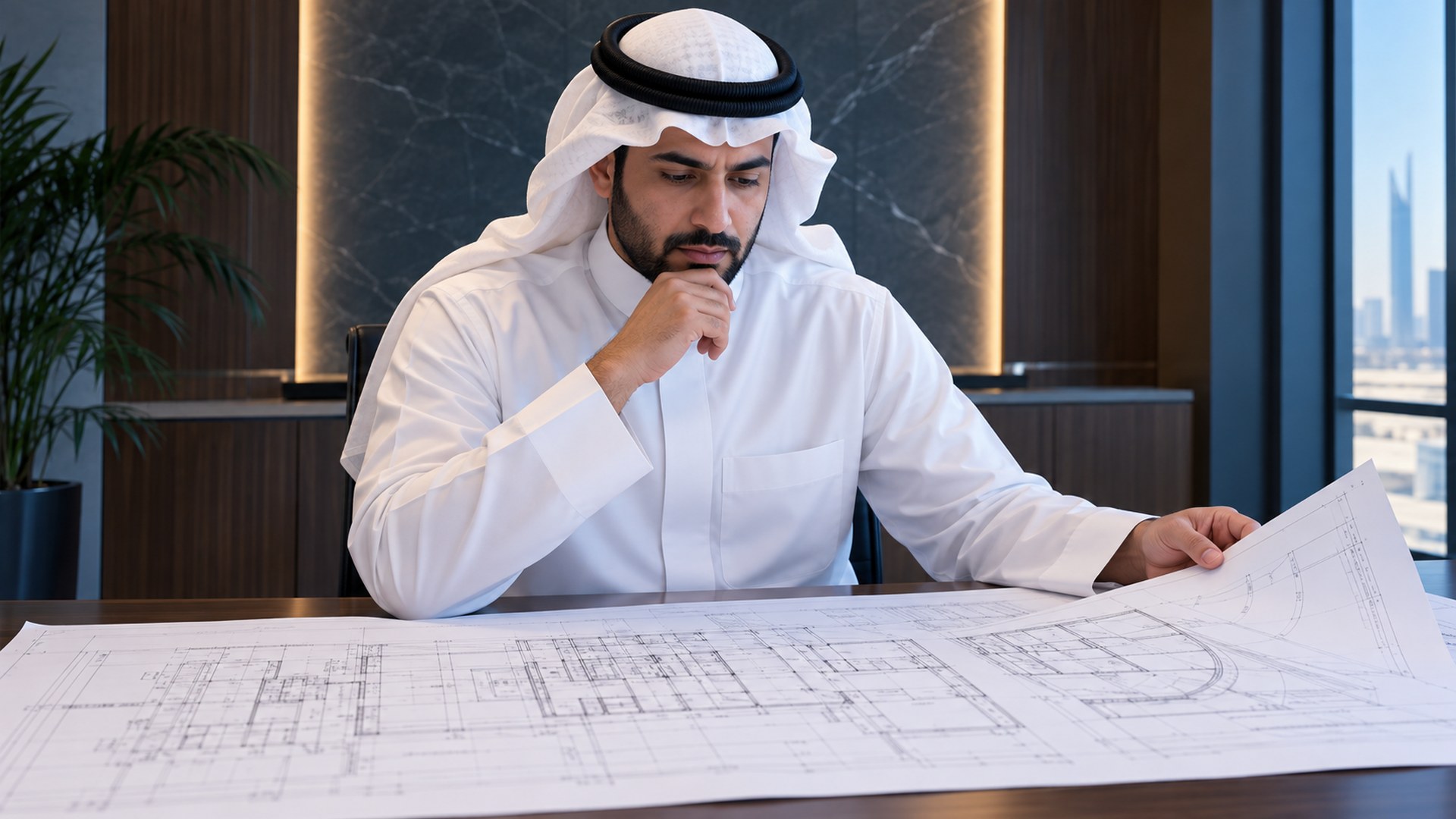 صاحب مشروع سعودي يراجع مخططات هندسية على طاولة اجتماعات مرتبة