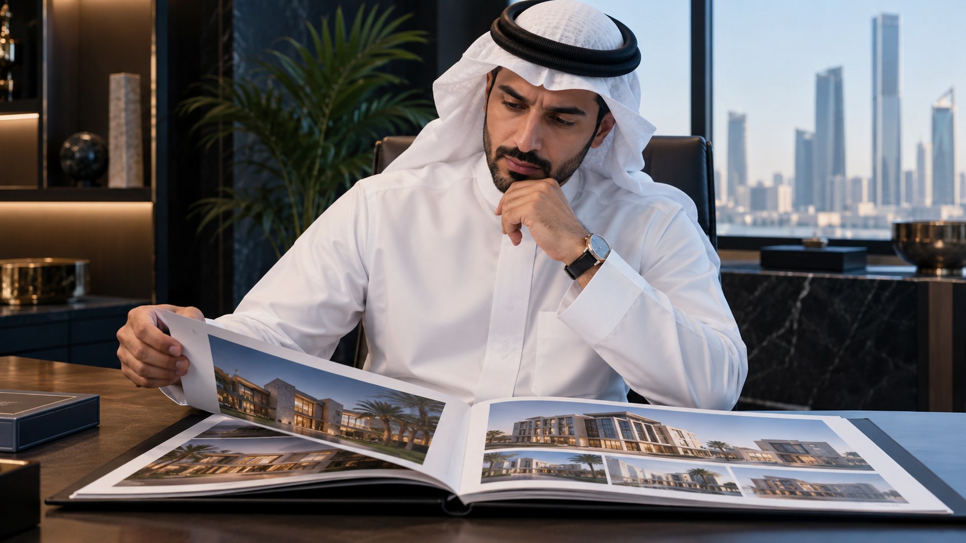 صاحب مشروع سعودي يتصفح ملف مشاريع مبانٍ مكتملة على مكتبه