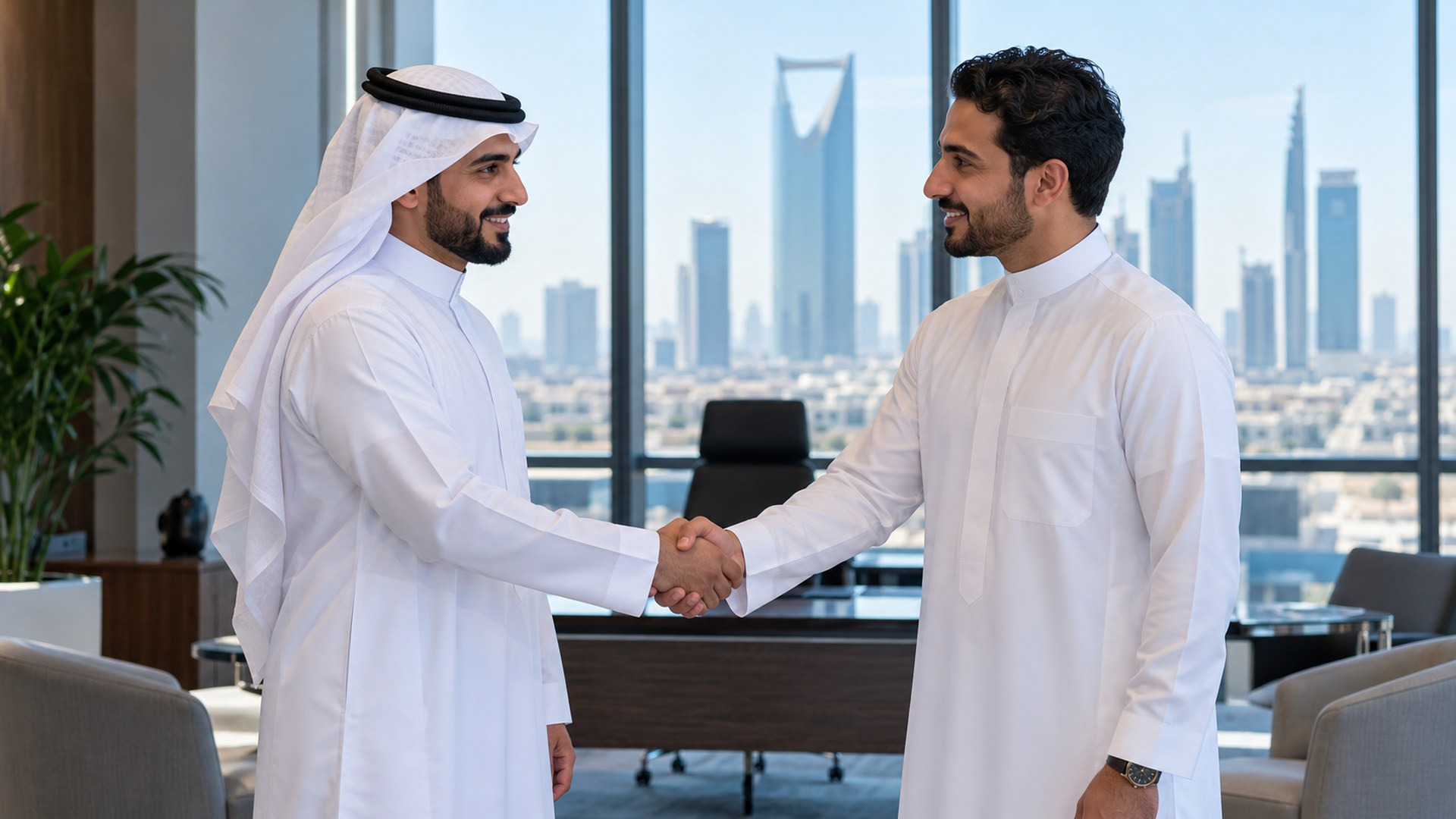 صاحب مشروع سعودي يصافح مزود الخدمة بعد اجتماع في مكتب مضيء