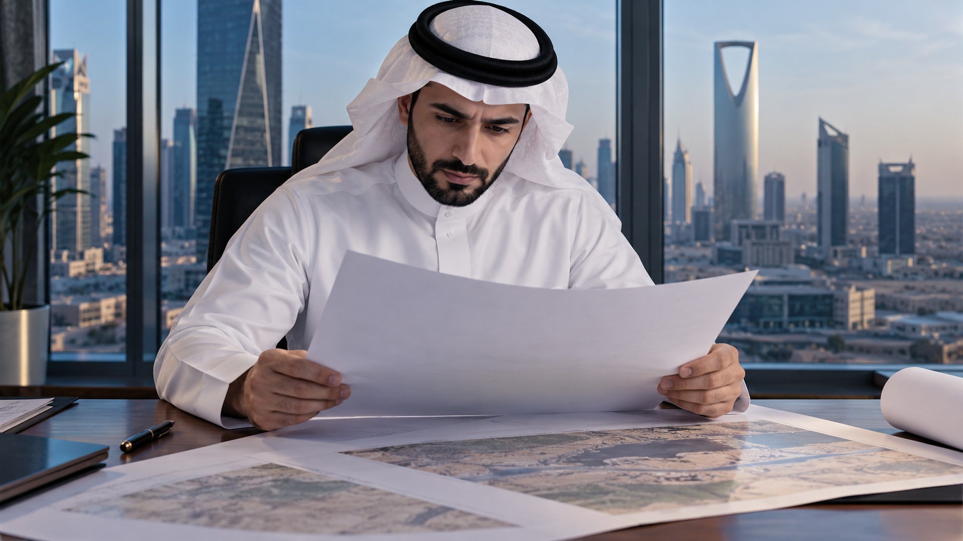 مخطط مشاريع سعودي يدرس تقرير تقييم الموقع على مكتبه