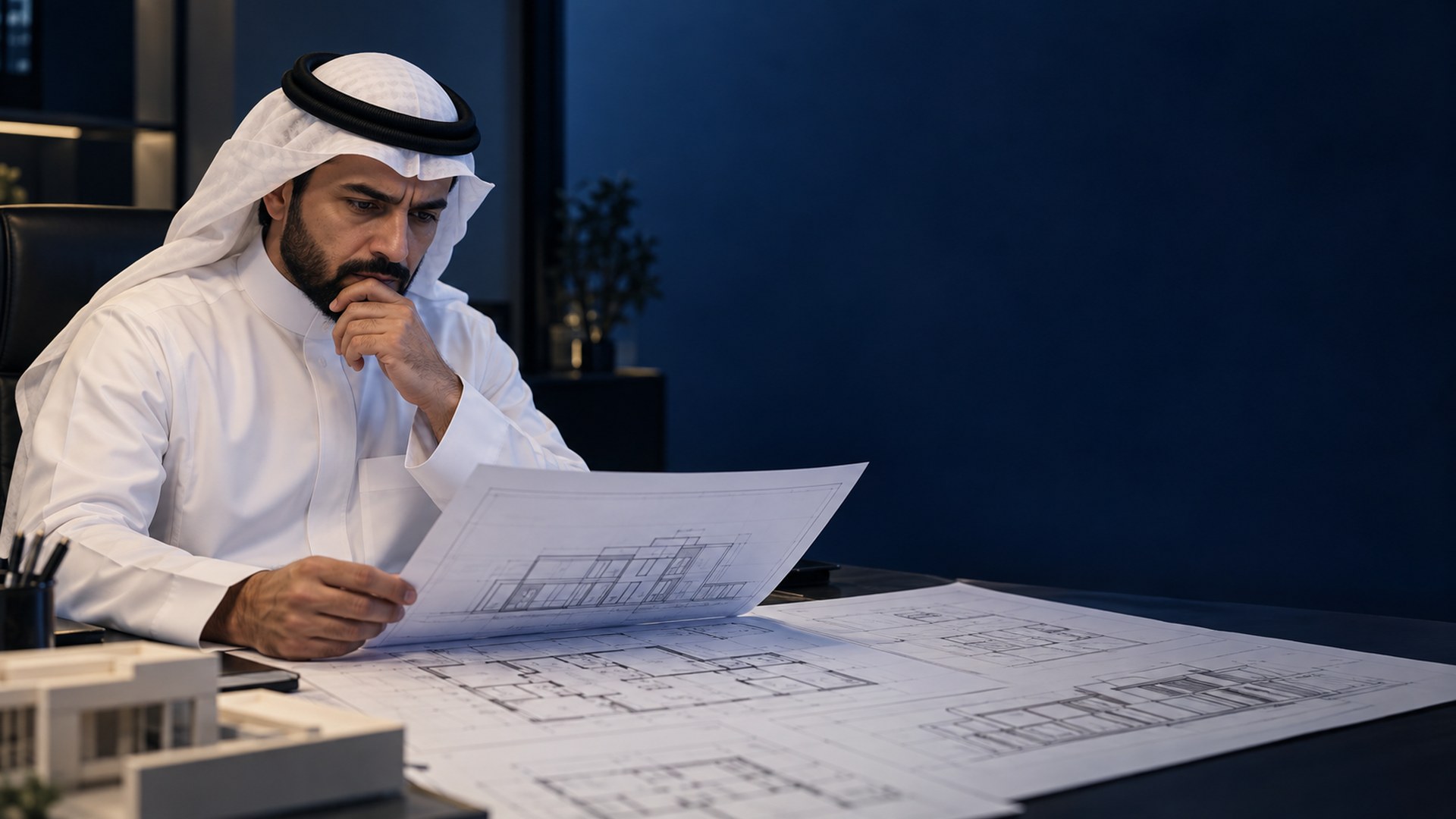 مالك عقار سعودي بثوب أبيض قلق وهو يدرس عدة مخططات إنشائية