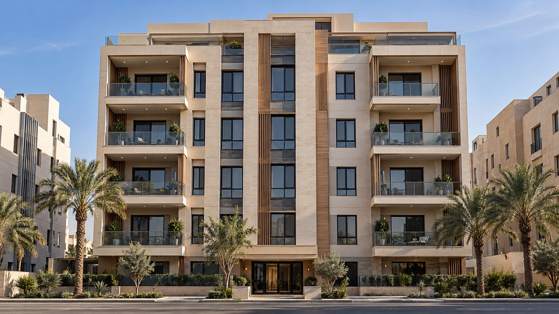 عمارة سكنية سعودية من عدة طوابق من مستوى الشارع في ضوء النهار
