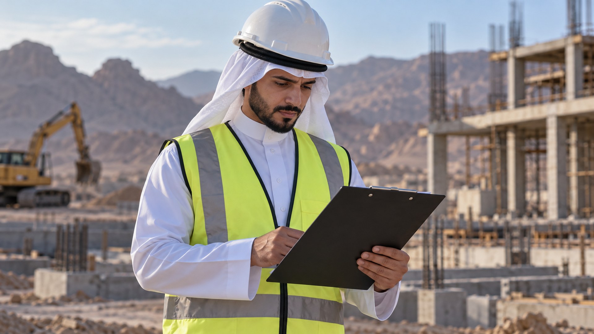 مهندس سلامة سعودي بمعدات الحماية يدرس خطة سلامة الموقع على لوح كتابة