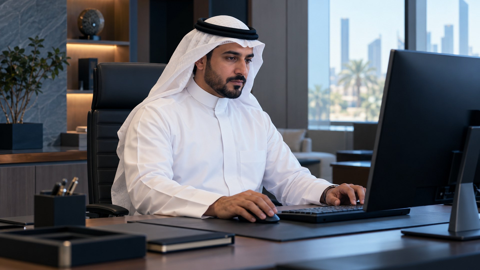 إداري مدرسة سعودي بالثوب والغترة يراجع طلبات إدارية على الكمبيوتر