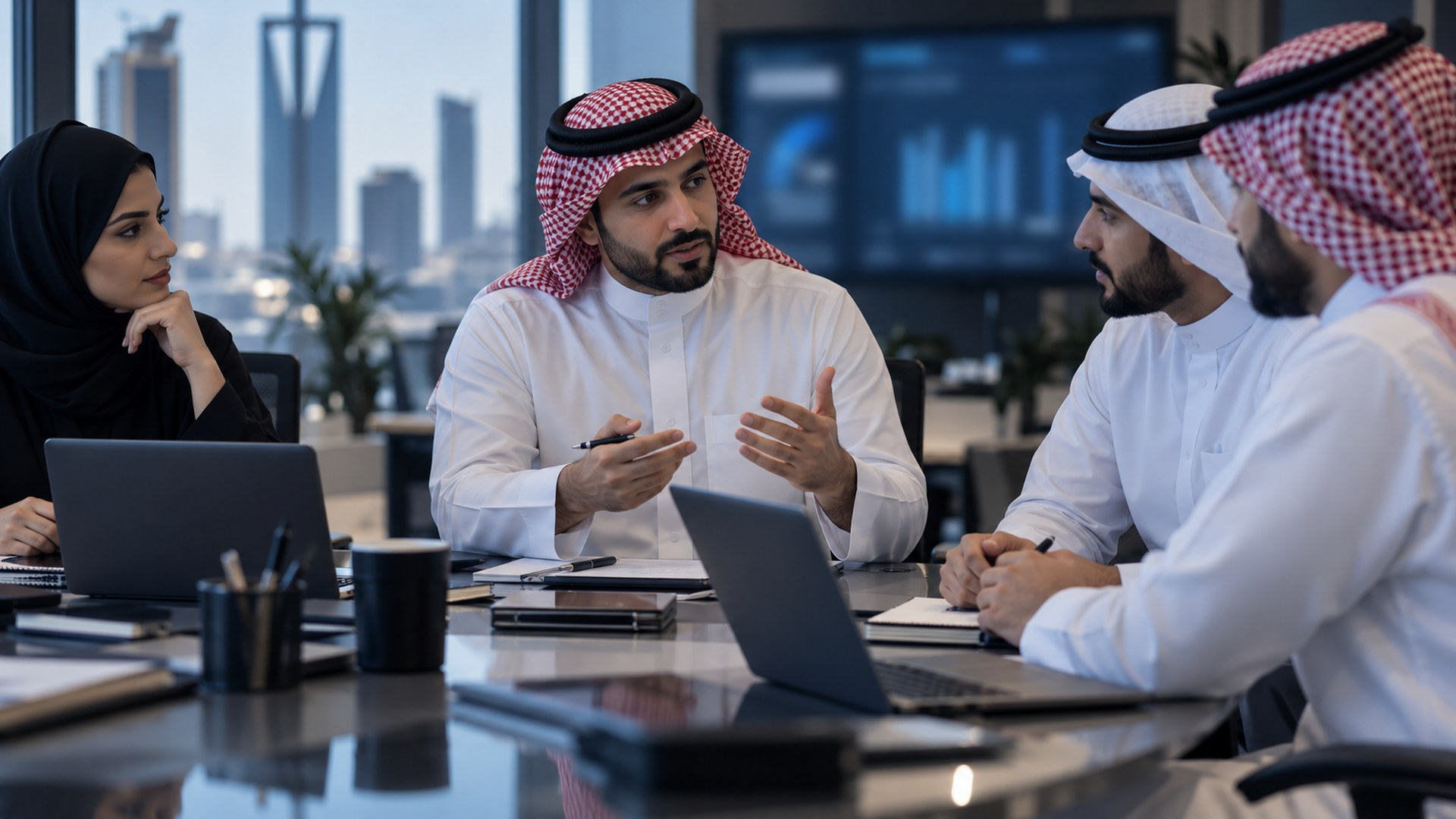 فريق سيو سعودي يناقش استراتيجية المحتوى حول طاولة في مكتب حديث
