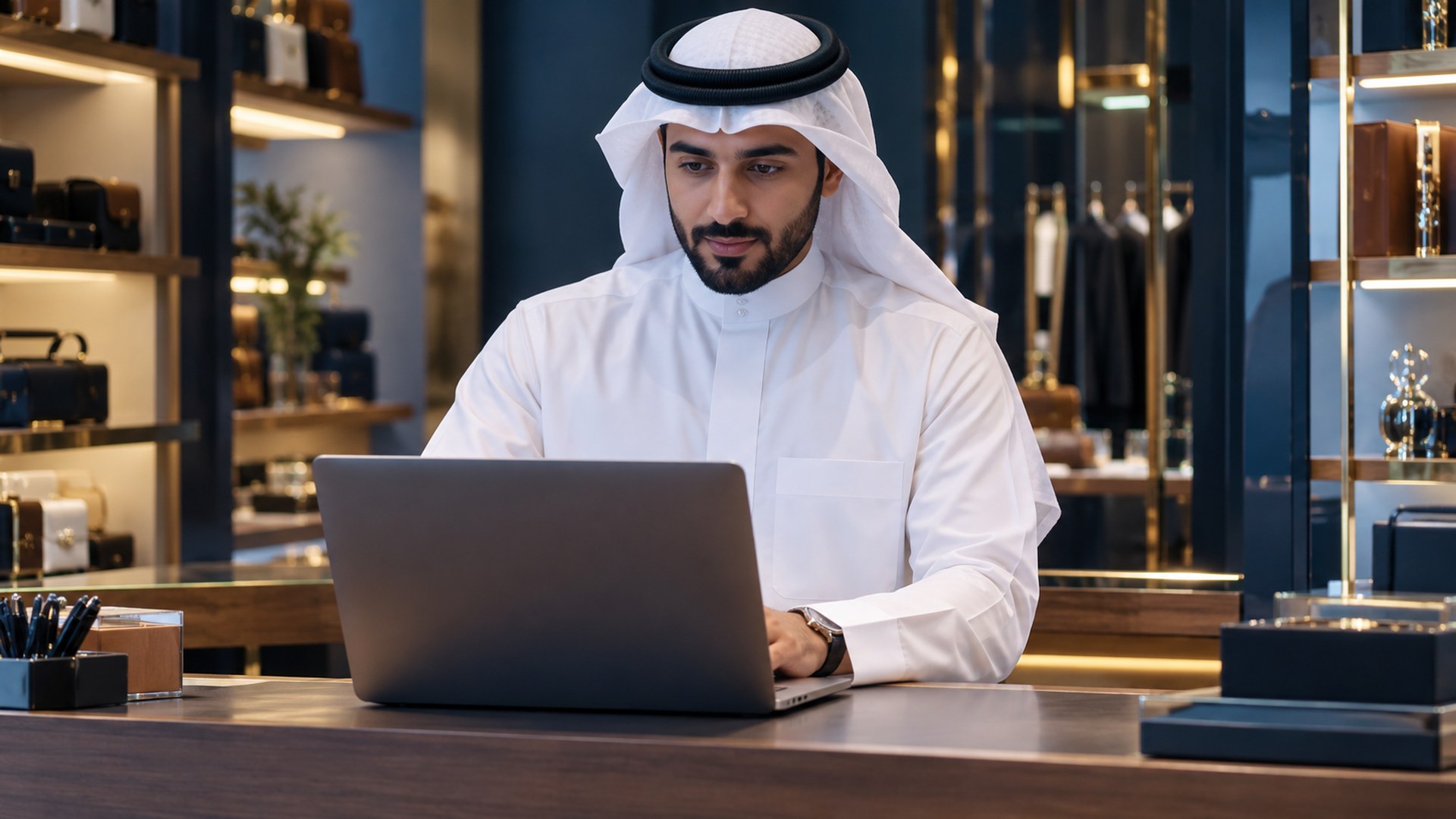 صاحب محل سعودي يتفحص اللابتوب بهدوء على طاولة المحل