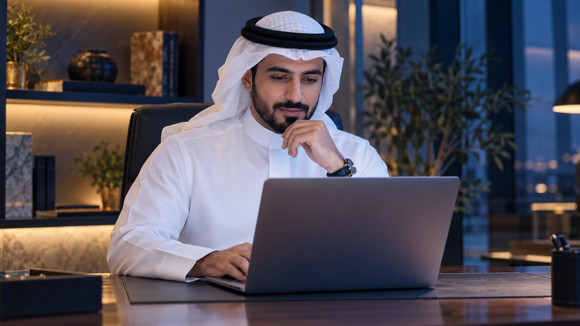 صاحب محل سعودي يراجع موقعه الإلكتروني على اللابتوب