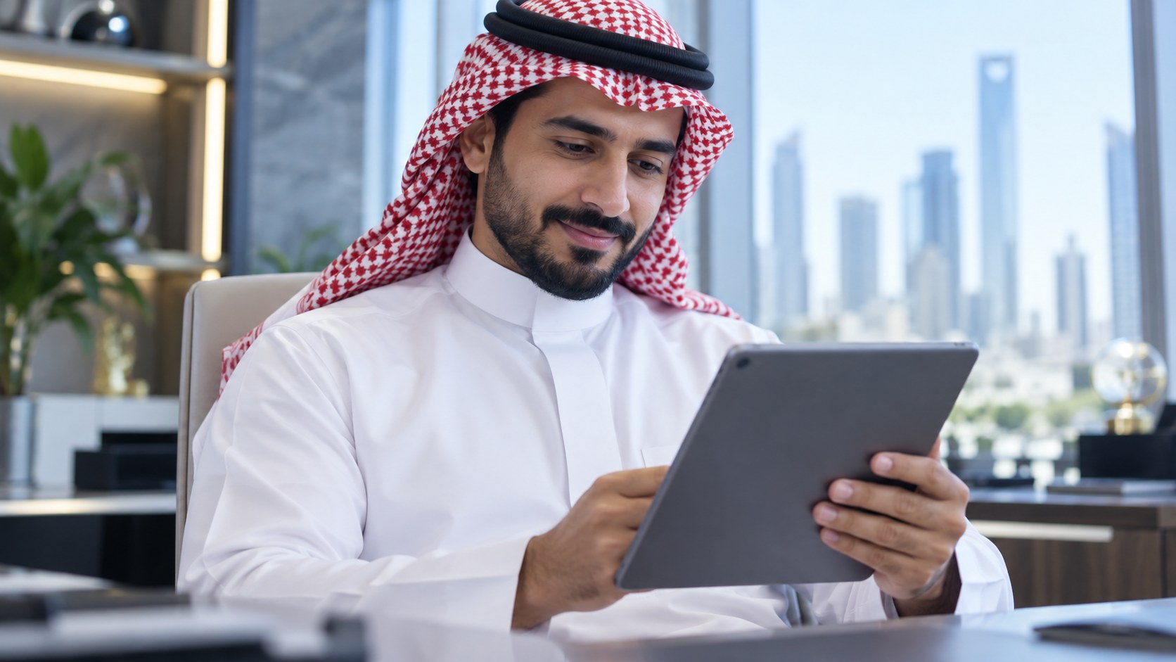 صاحب محل سعودي يقرأ مقالاً مفيداً على جهاز لوحي ويهز رأسه فاهماً
