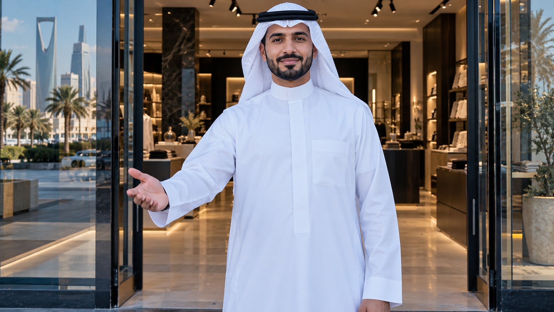 صاحب محل سعودي عند مدخل الفرع الثاني الجديد لمتجره