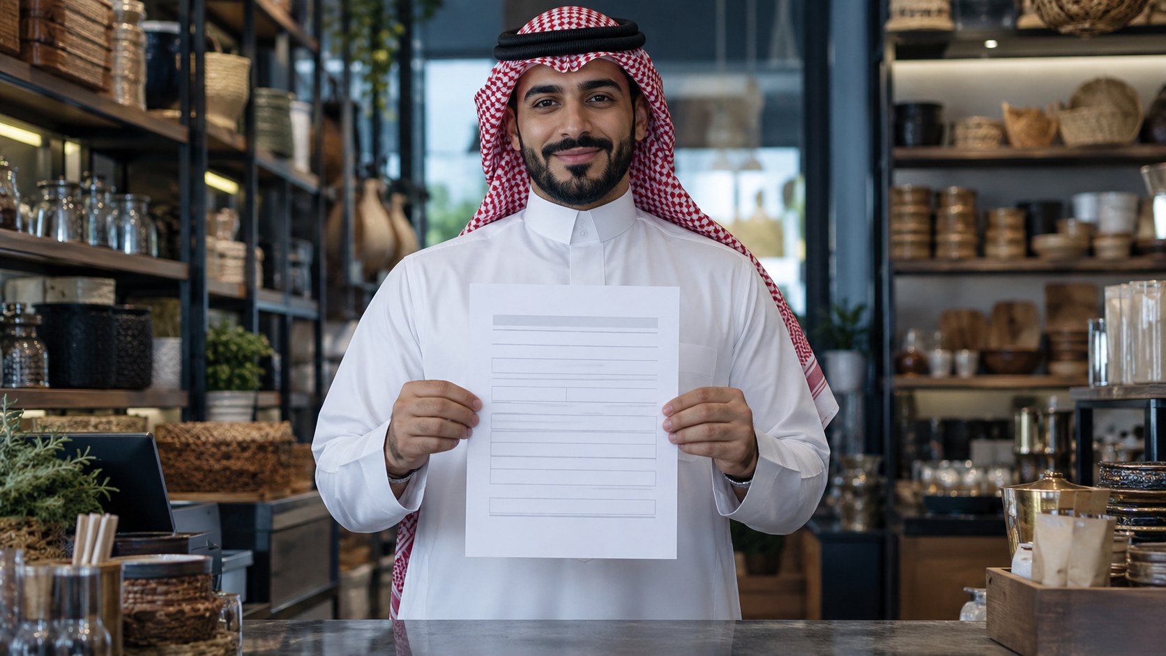 صاحب محل سعودي بالثوب يمسك سجله التجاري المطبوع عند طاولة المحل
